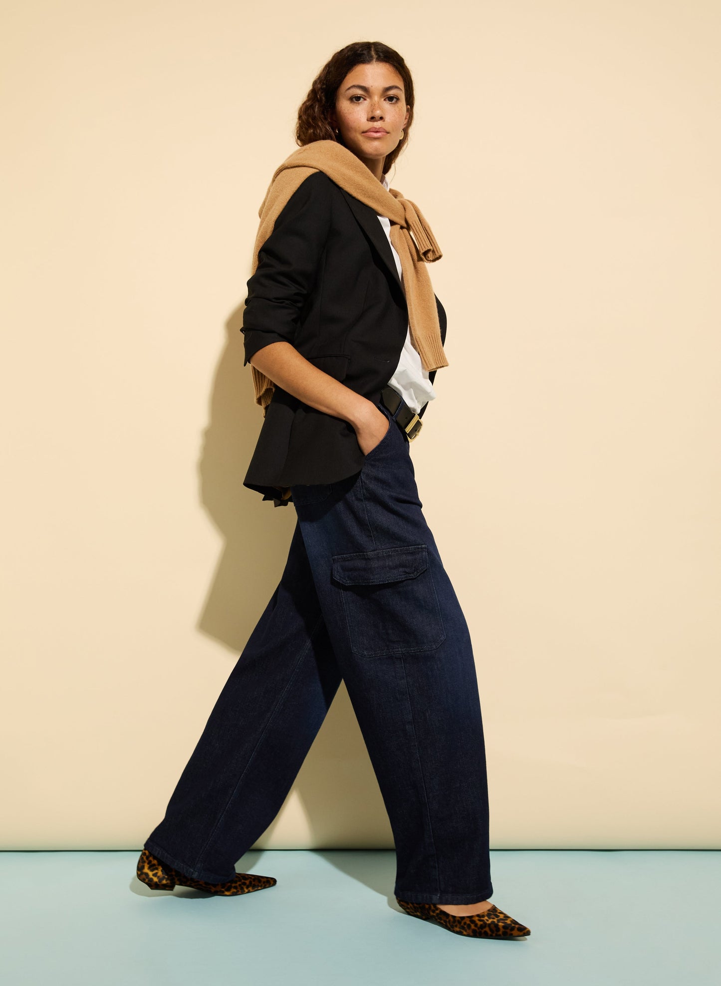 Organic Stretch Cotton Wide Leg Cargo Jeans / Dark Indigo