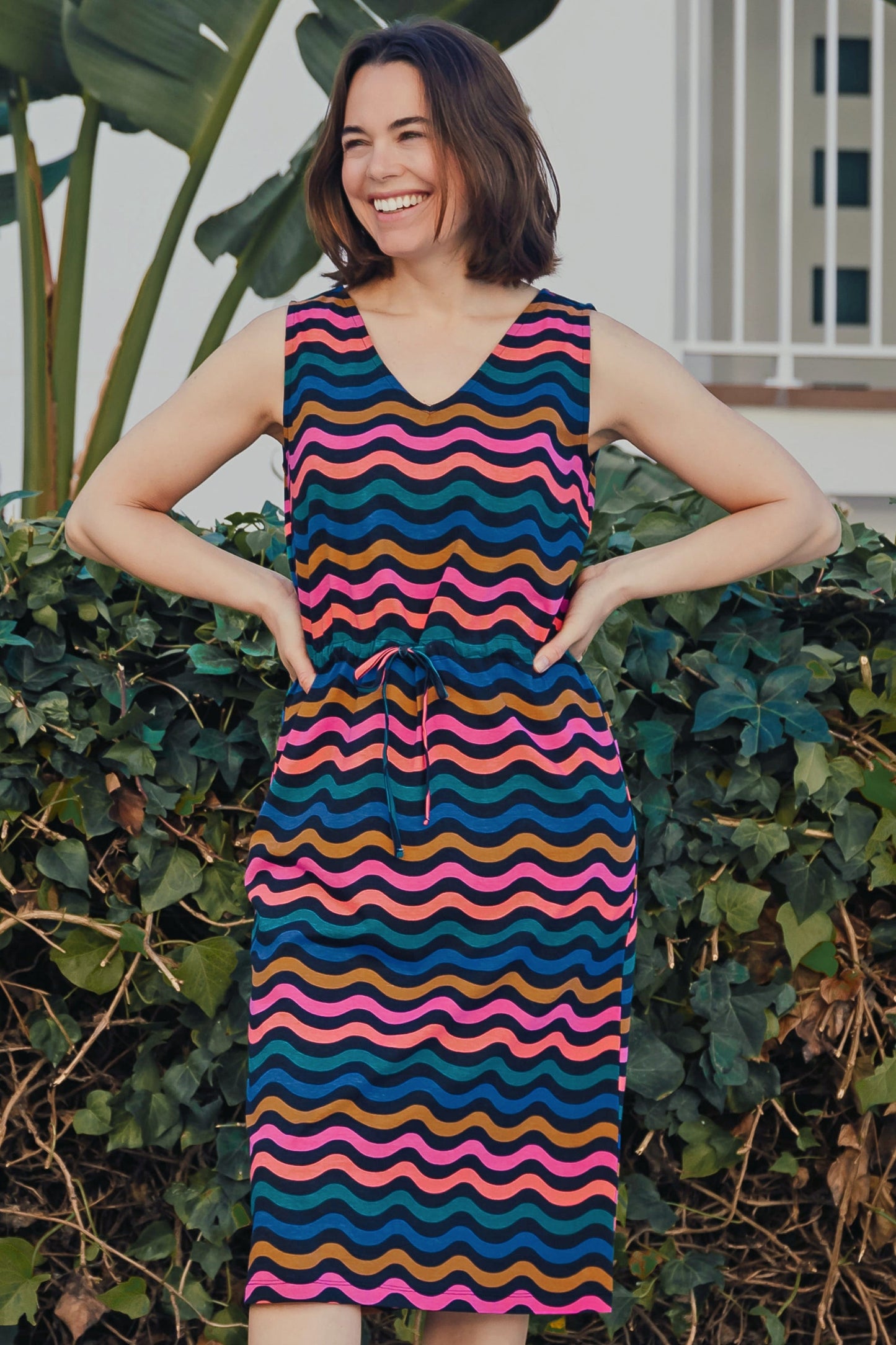 Gilly Jersey Midi Dress - Black/Multi, Wavy Chevron