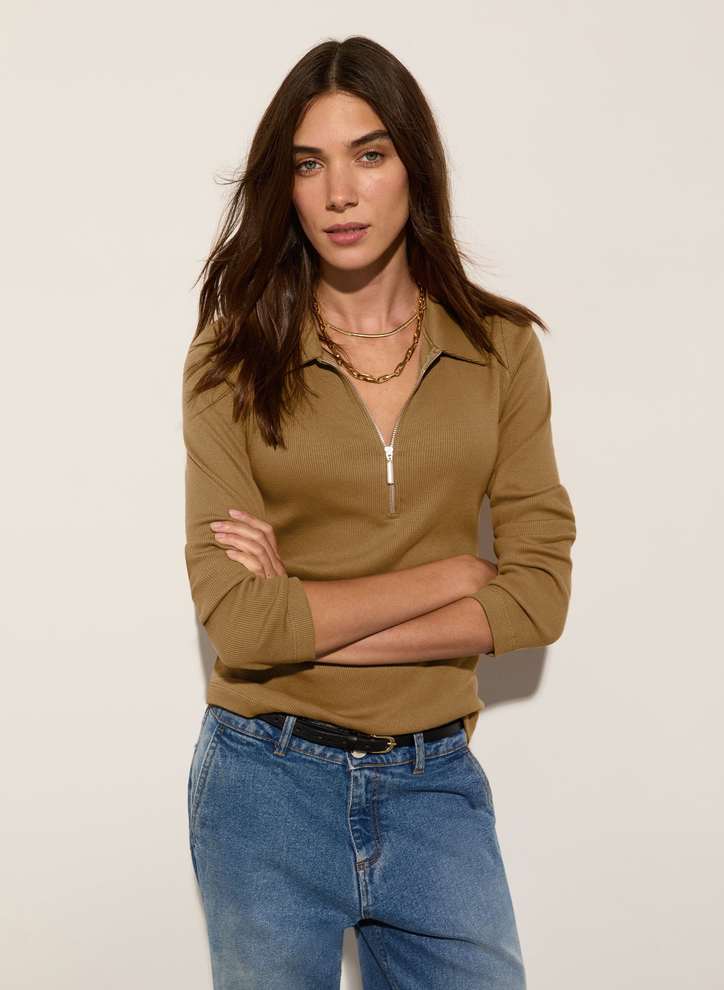 Organic Cotton Zip Collar Top / Camel