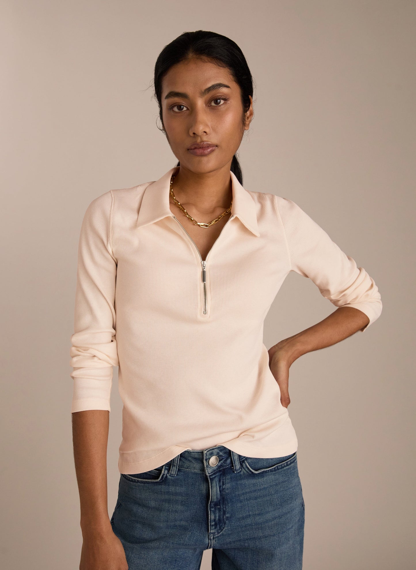 Organic Cotton Zip Collar Top / Peach Cream