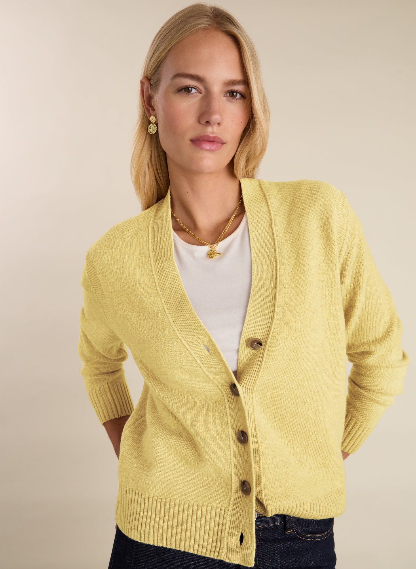 Ruth V-Neck Wool Blend Cardigan / Butter Yellow