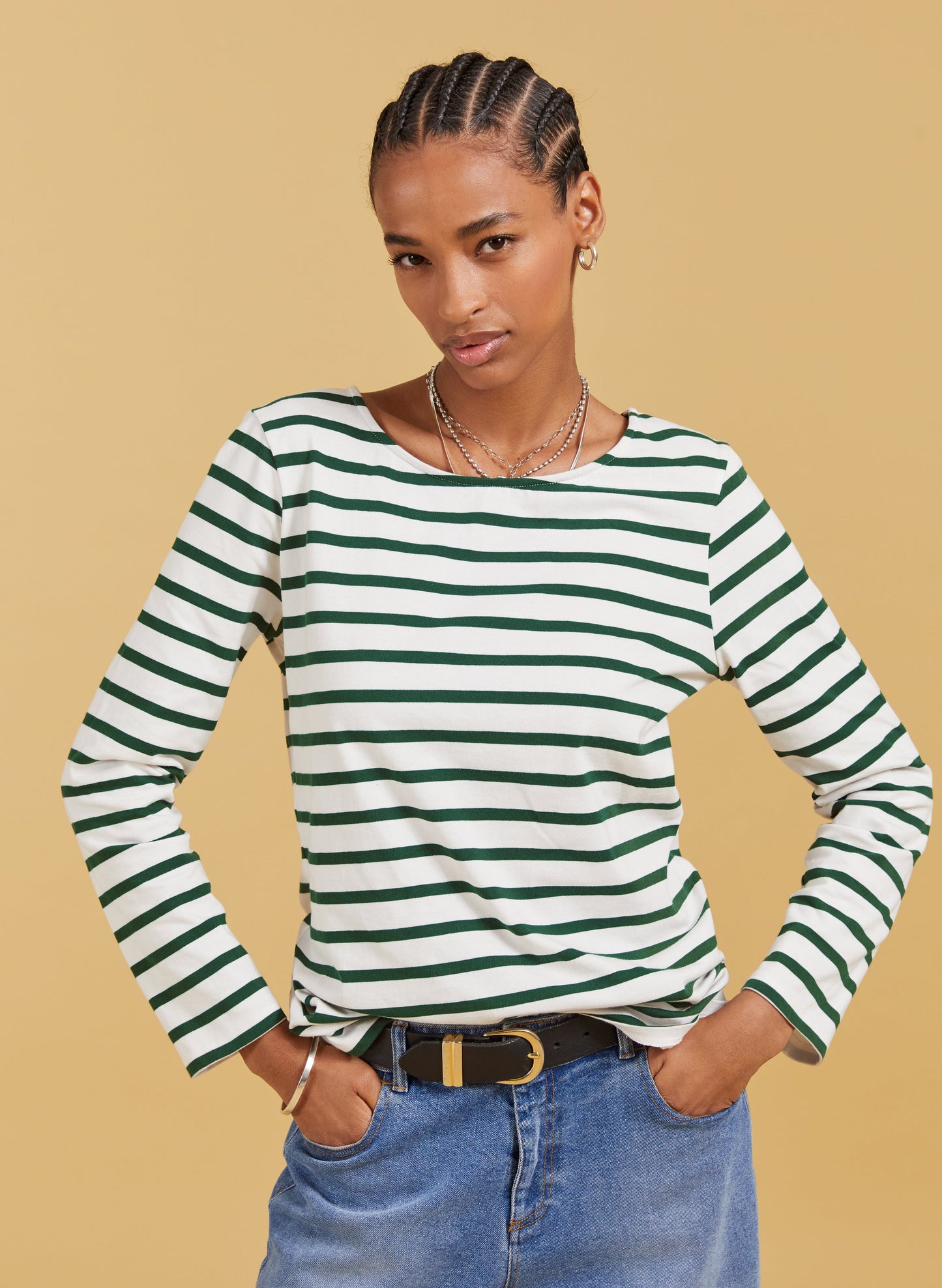 Ashley Organic Cotton Top / Soft White & Forest Green