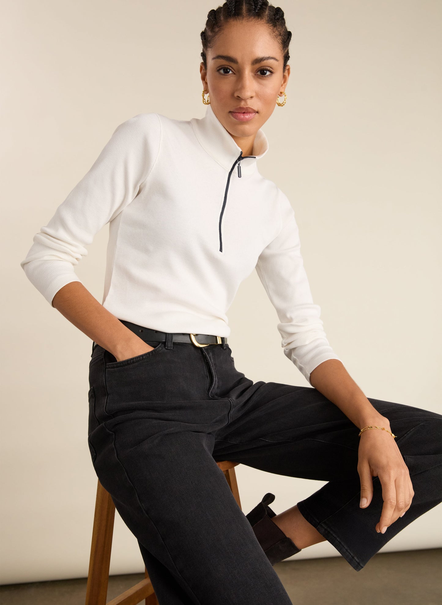 Clayton Organic Cotton Zip Turtleneck Top / Soft White