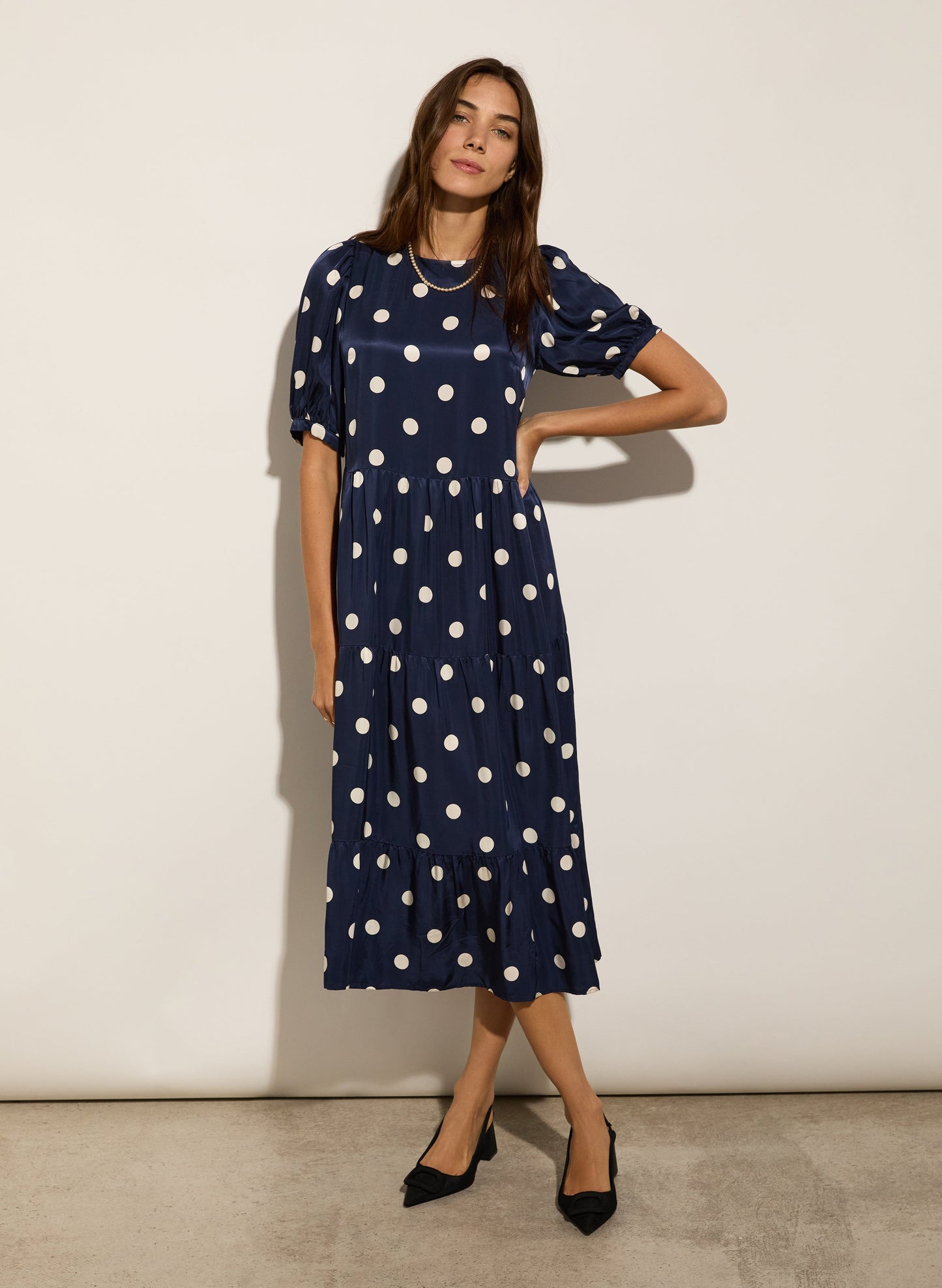 Manon Satin Dress Navy Big Polka