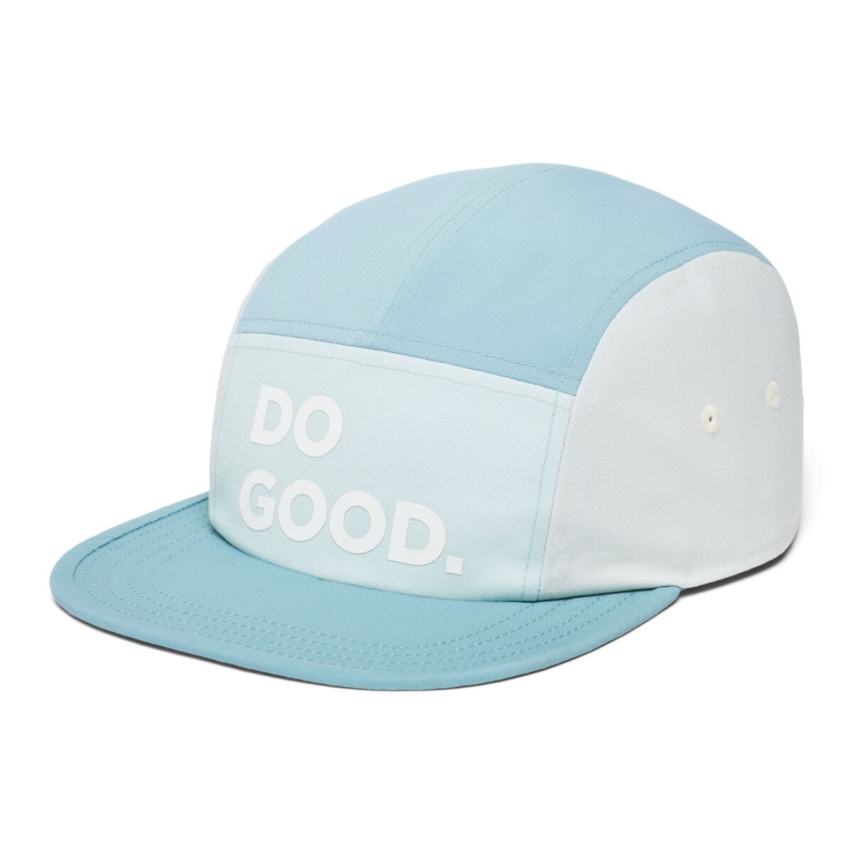 Pale blue baseball cap by Cotopaxi with Do Good screen printed on the front.