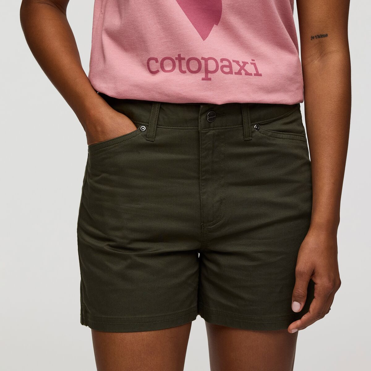 Deep olive green shorts by Cotopaxi.