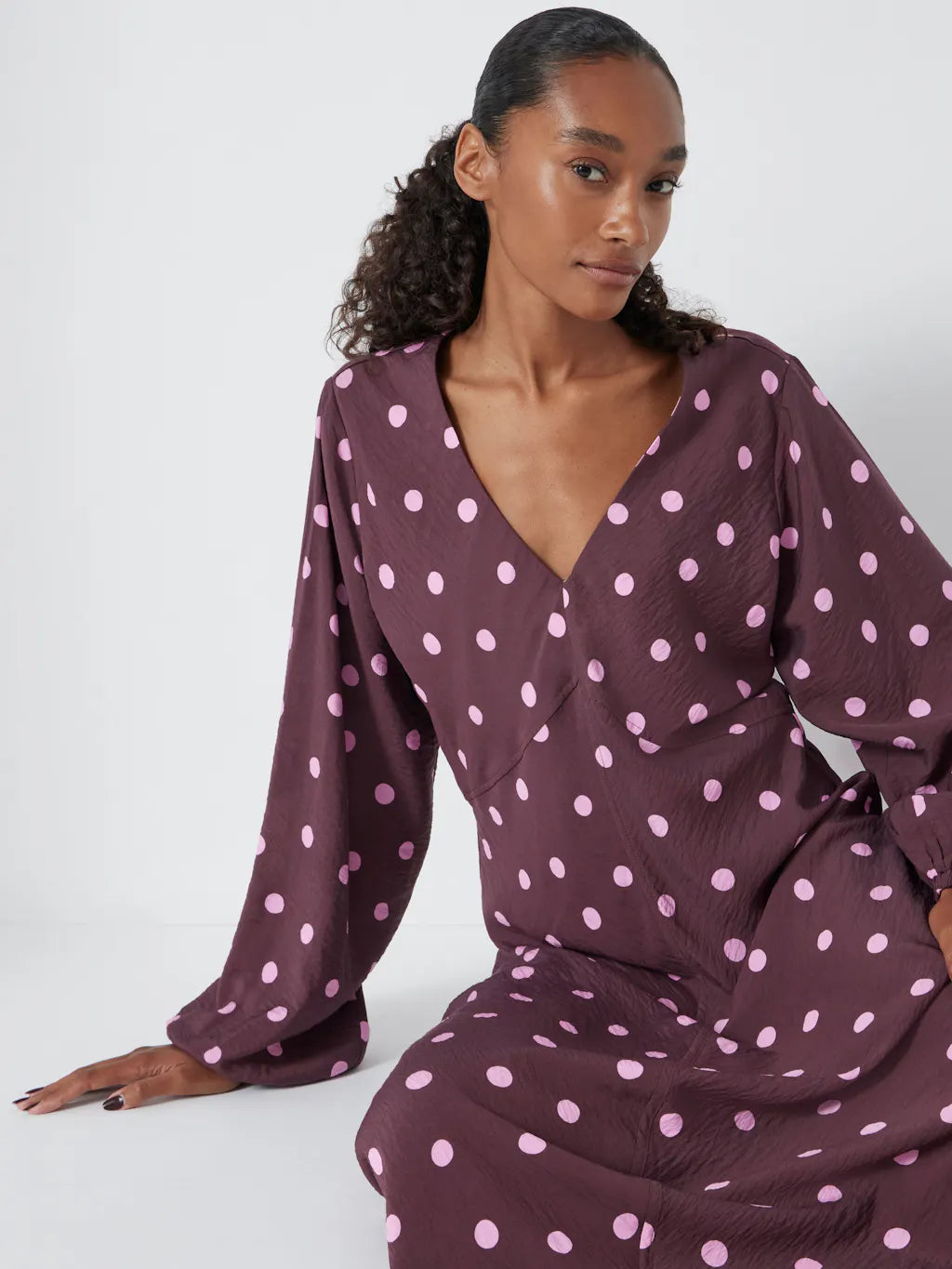 Grace V-neck Long Sleeve Dress - Polka Dot Burgundy