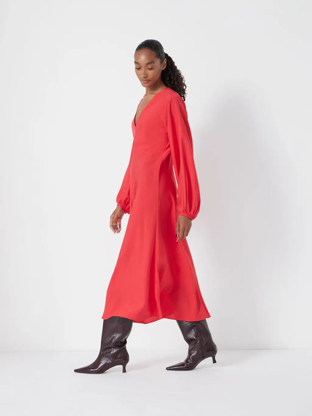 Grace V-neck Long Sleeve Dress - Bright Red