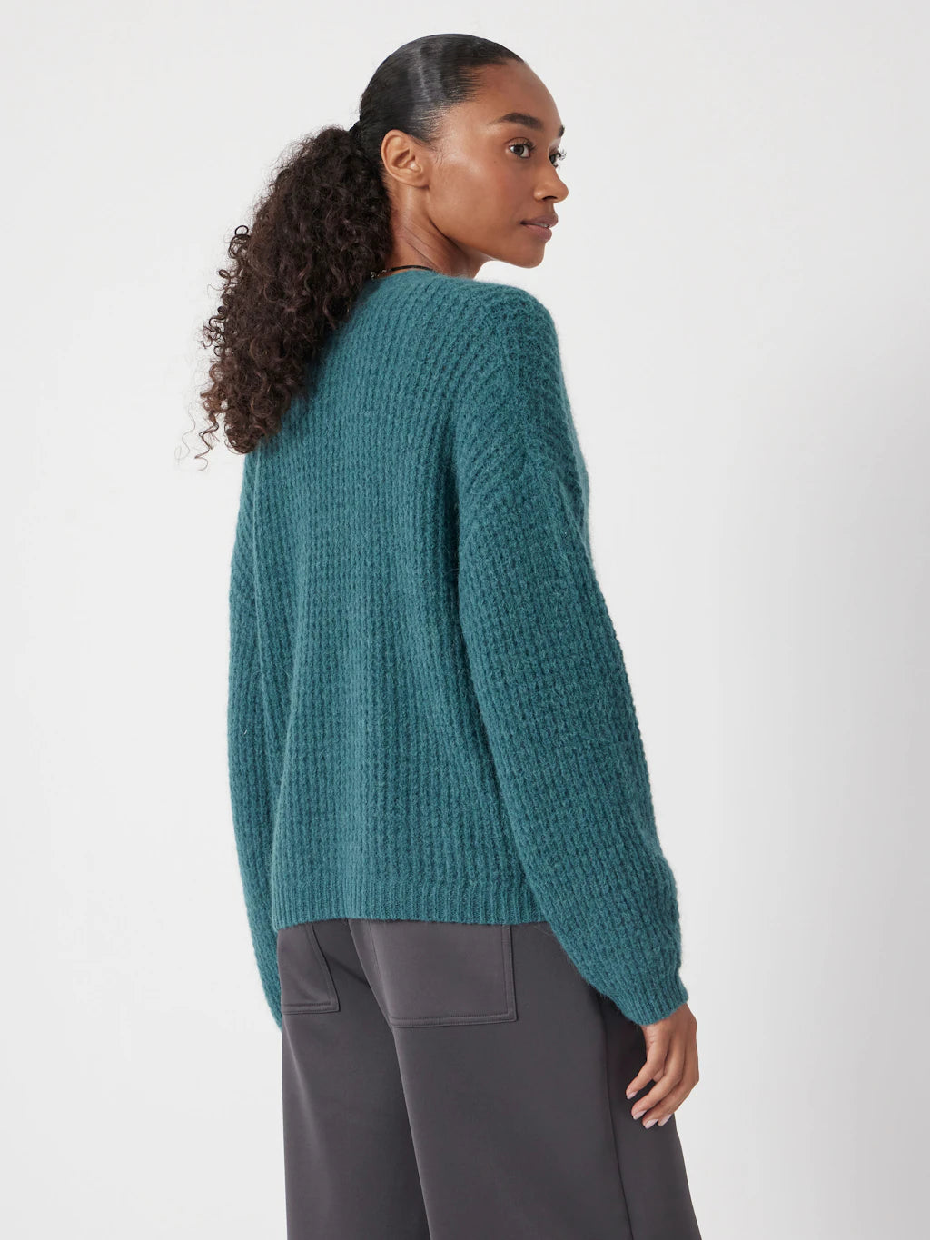 Flossie Waffle Stitch Wool Blend Edge to Edge Cardigan - Teal Blue