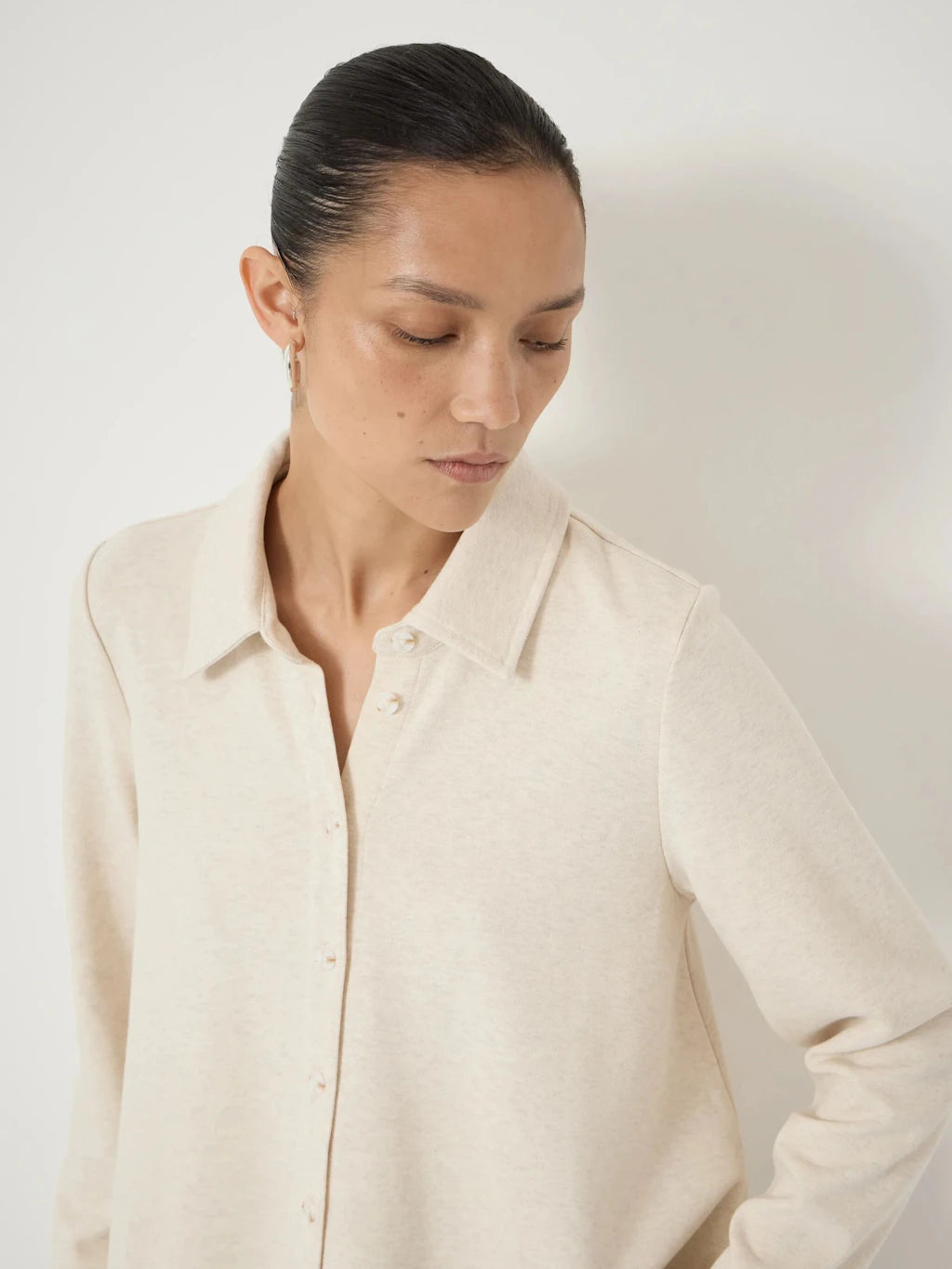 Noa Button A-Line Polo Top - Oatmeal Marl
