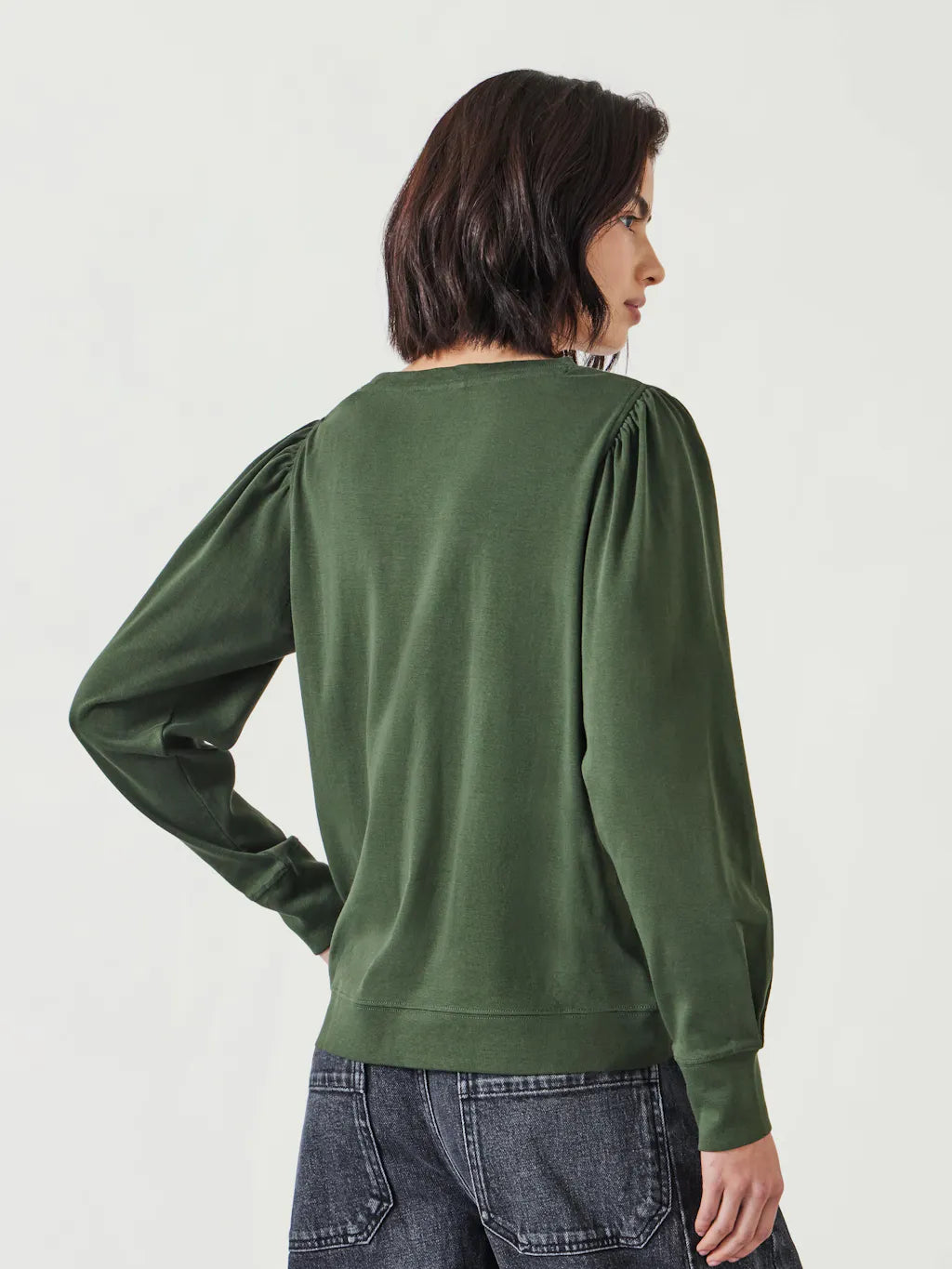 Emily Puff Sleeve Cotton Jersey Top - Khaki Green