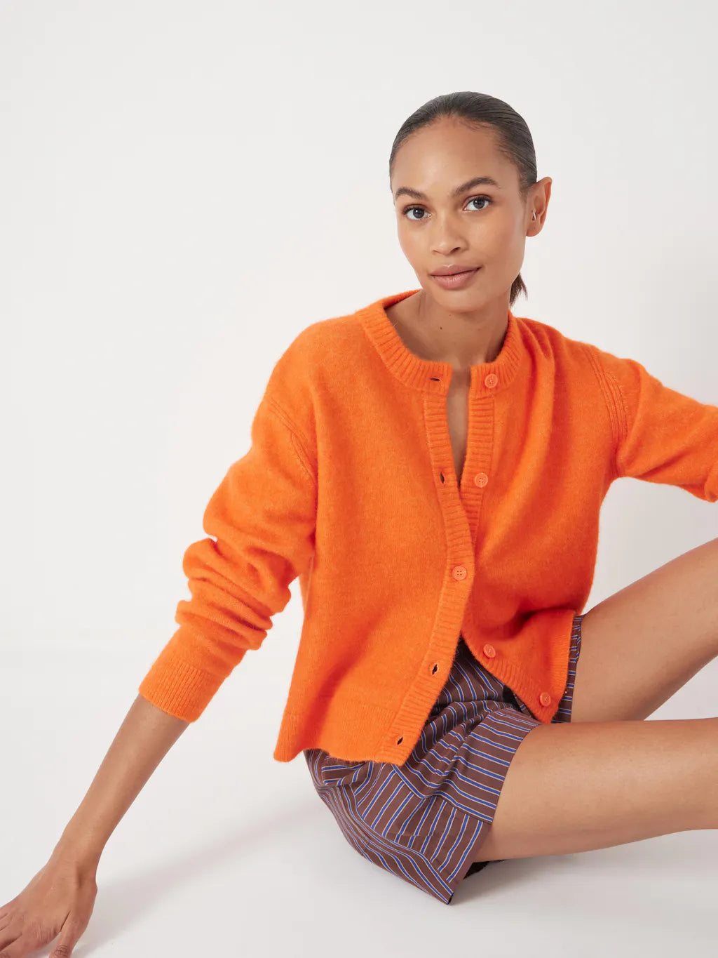 Juni Crew Neck Wool Blend Cardigan - Orange