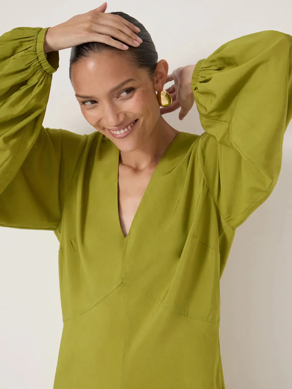 Grace V-neck Long Sleeve Dress - Dark Olive Green