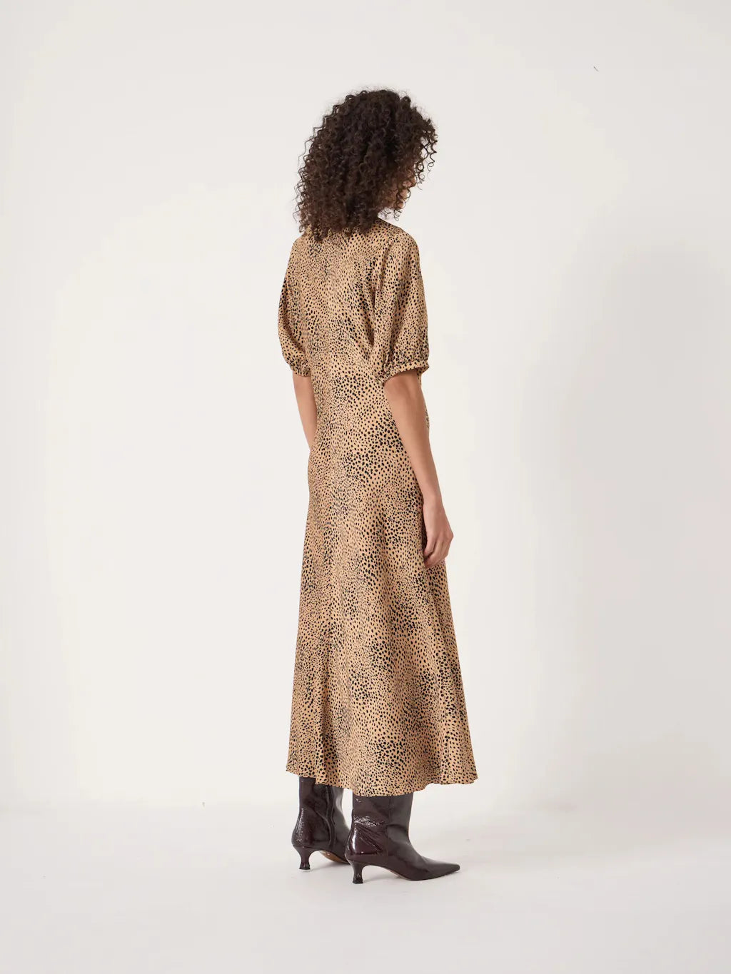 Grace V-Neck Puff Sleeve Satin Dress - Deer Brown
