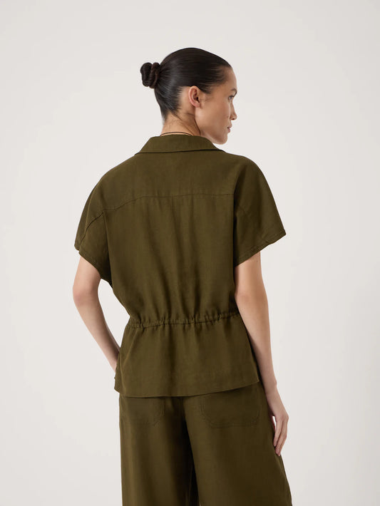 Mirai Linen Blend Short Sleeve Shirt - Army Olive
