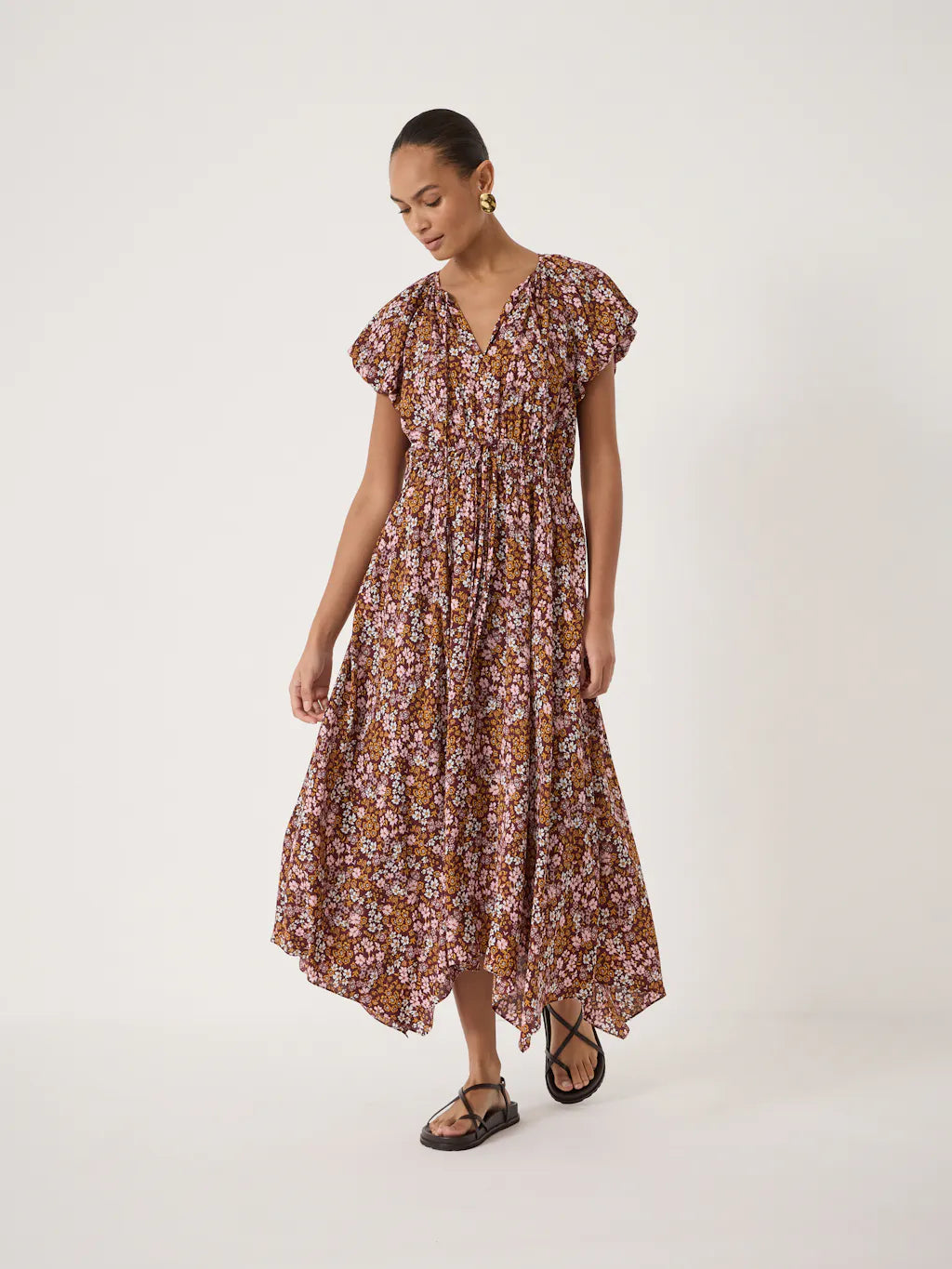 Zuri Short Bubble Sleeve Printed Dress - Sunset Floral Midi