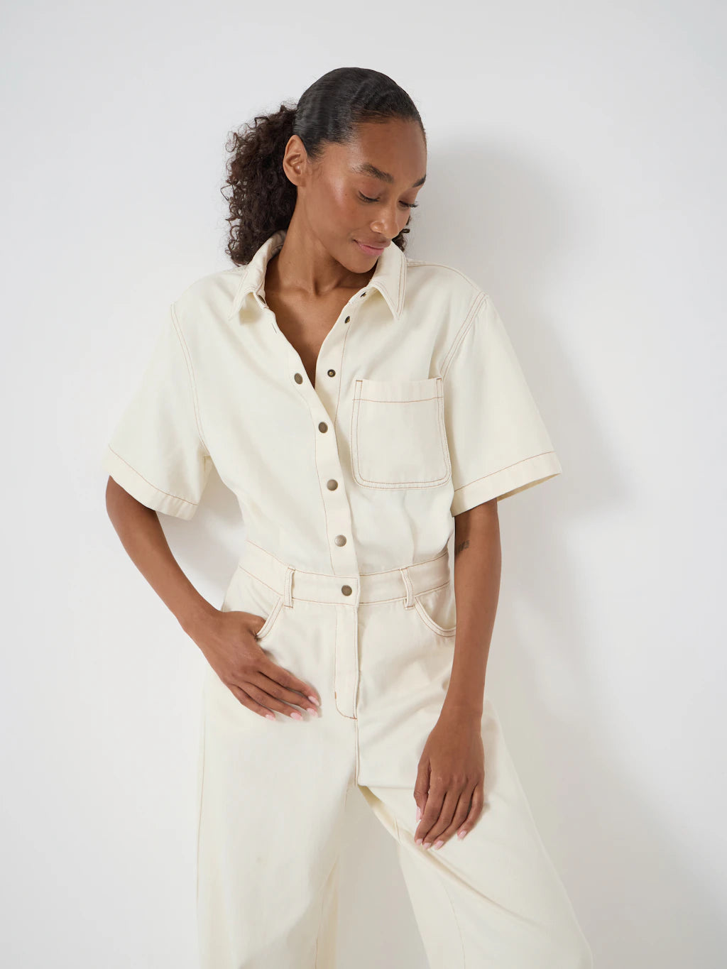 Evelyn Short Sleeve Denim Jumpsuit - Ecru