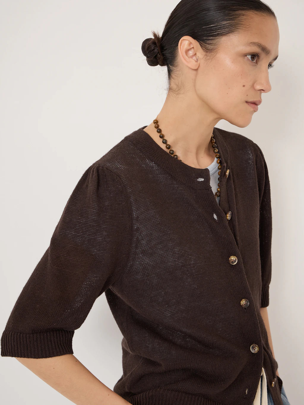Celeste Short Sleeve Linen Blend Cardigan - Dark Brown