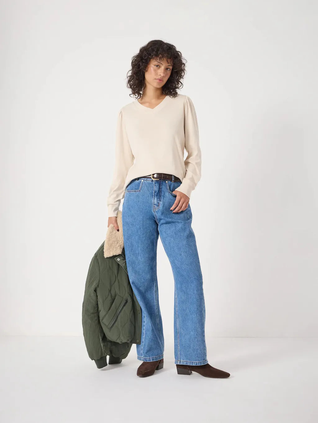 Emily V-Neck Puff Sleeve Top - Almond
