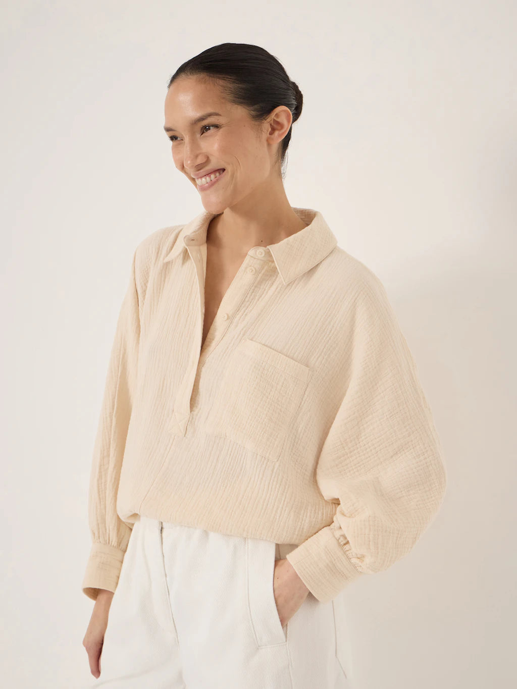 Cotton Cheesecloth Gathered Sleeve Shirt - Almond