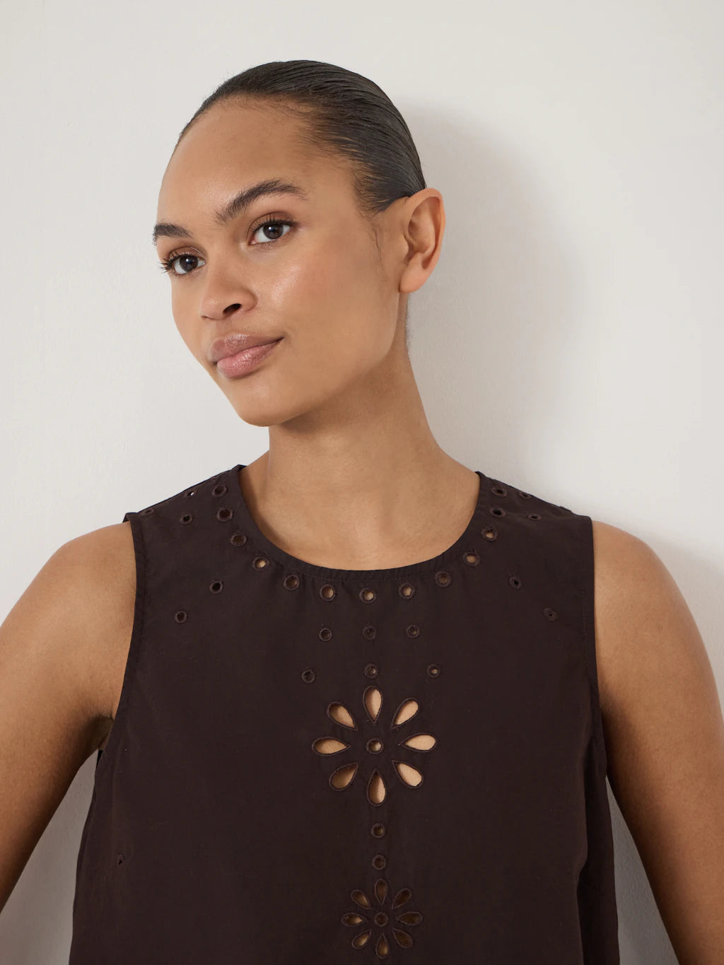 Olenna Cotton Broderie Shell Top - Dark Brown