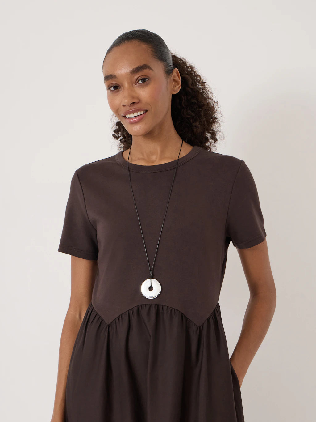 Enid Mix Media Jersey Woven Dress - Chocolate Brown