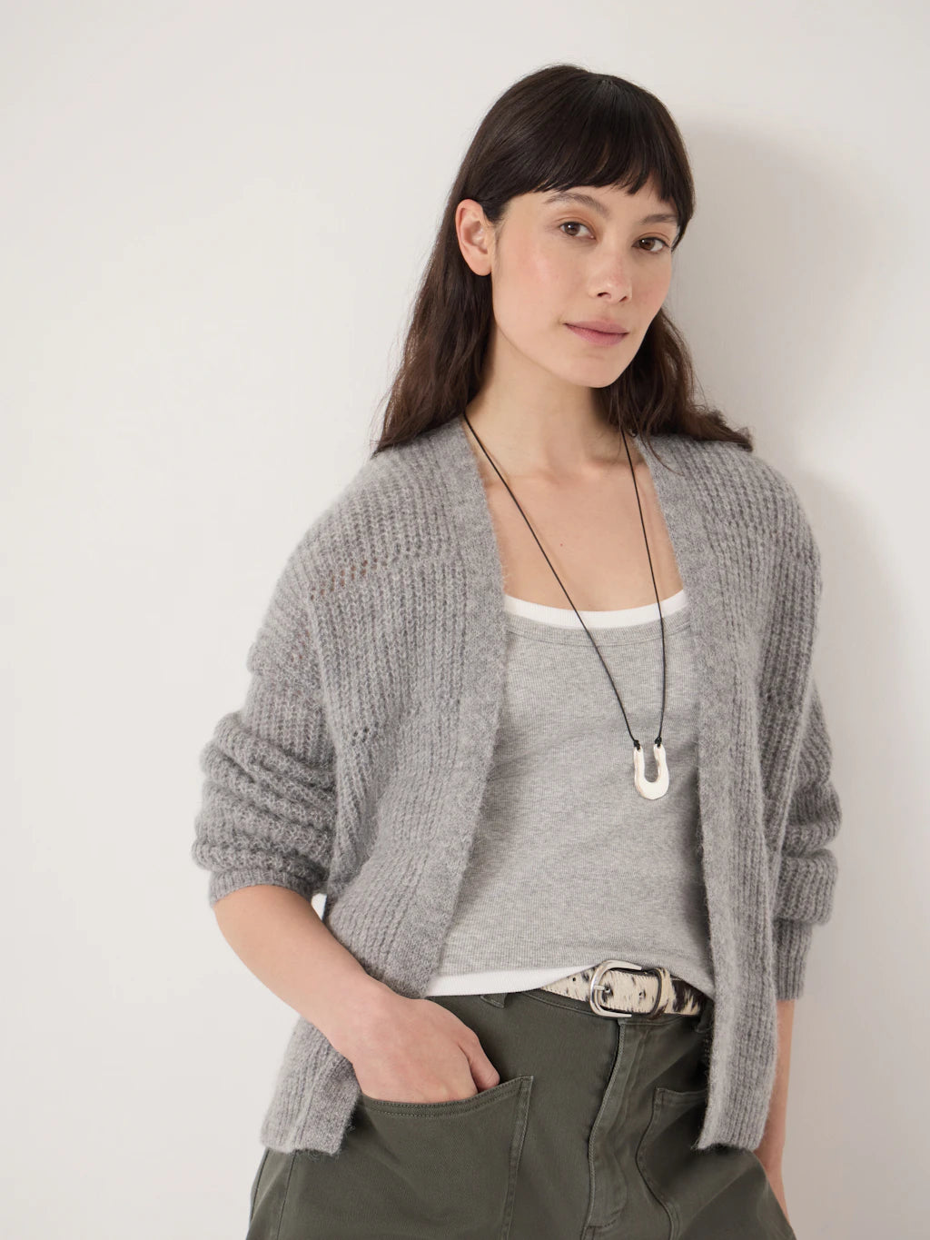 Allegra Pointelle Stitch Knitted Cardigan - Mid Grey Marl