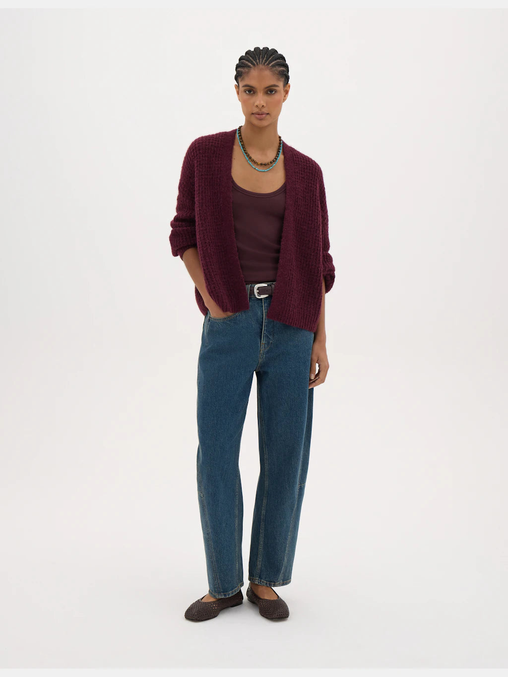 Flossie Waffle Stitch Knitted Cardigan - Wine Red