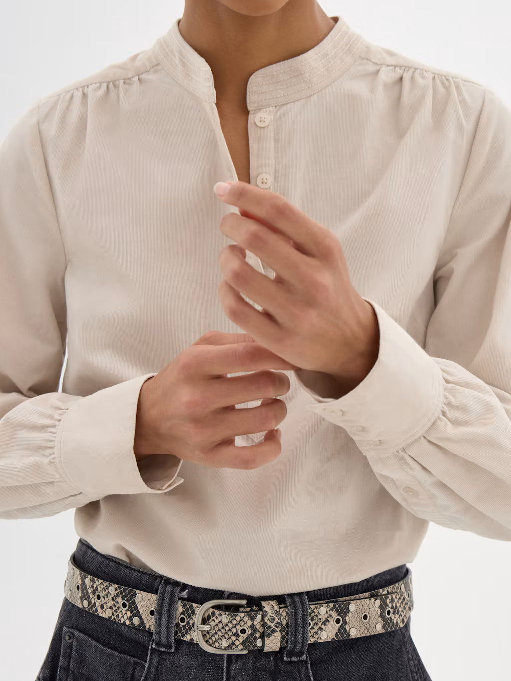 Cyra Long Sleeve Corduroy Blouse - Stone White