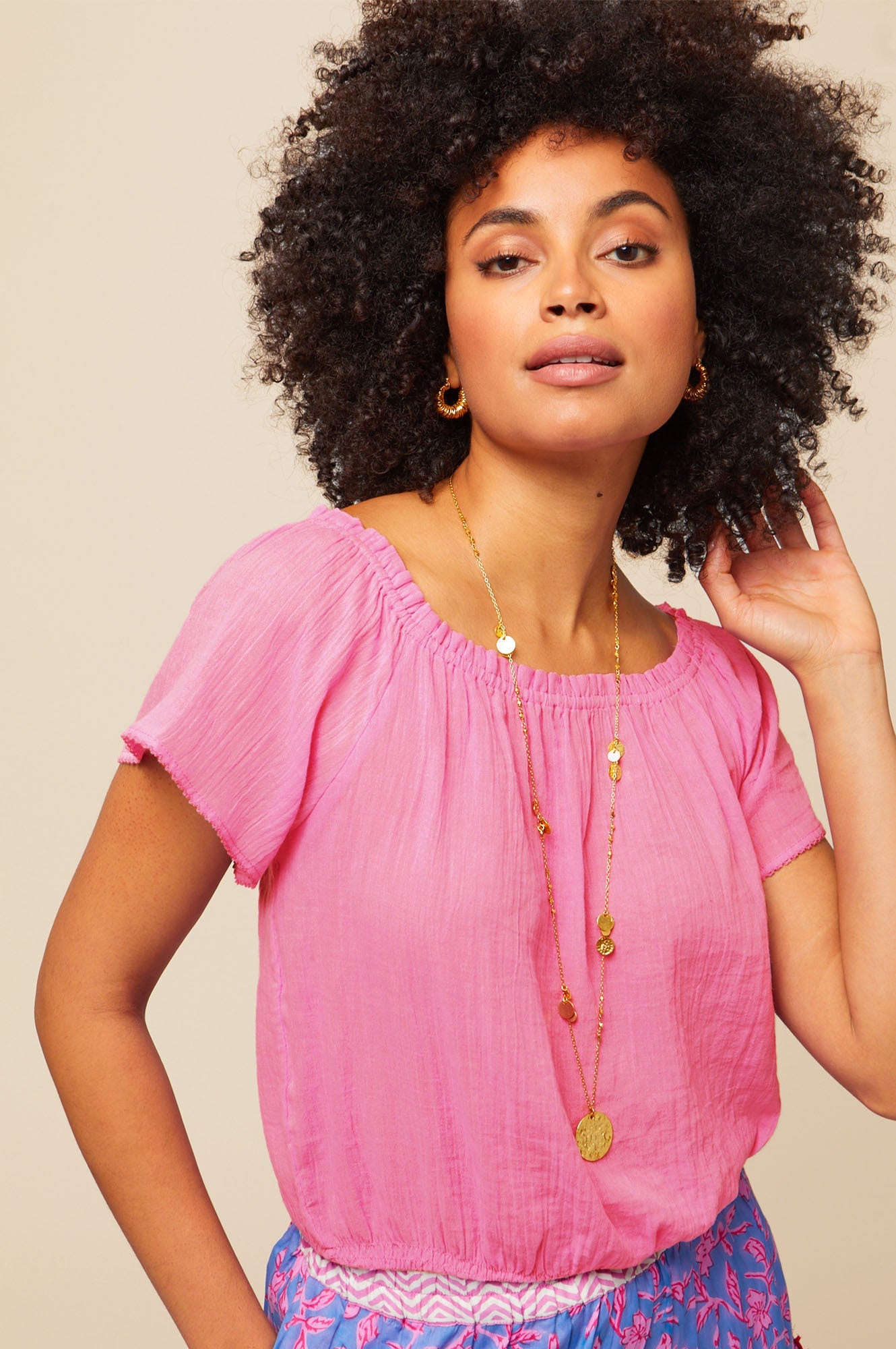 Sustainable Ilana Frill Gauze Organic Cotton Top Summer Holiday On / Off the Shoulder Pink