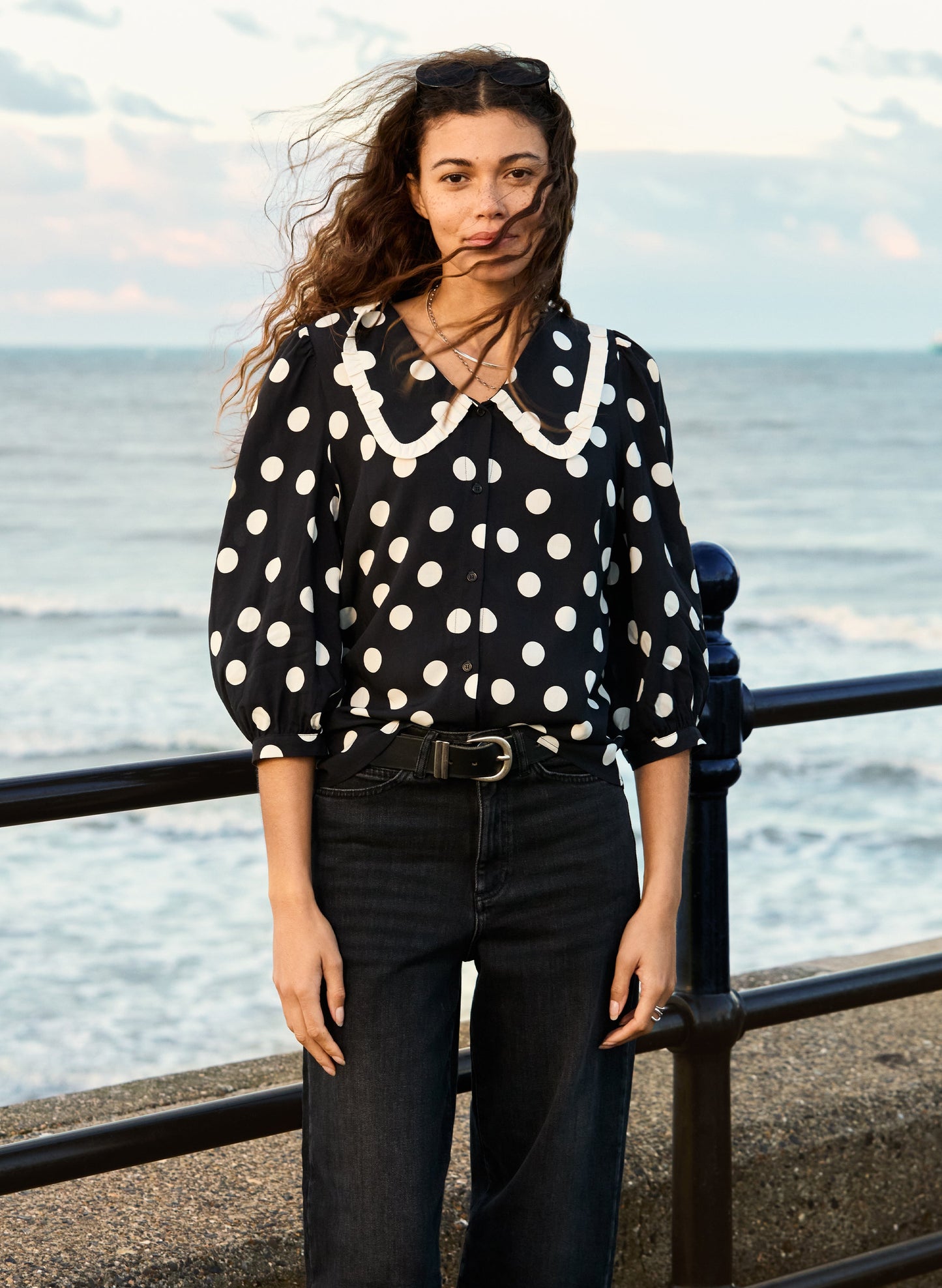 Sosha Printed Collar Detail Blouse Black Polka Dot Print