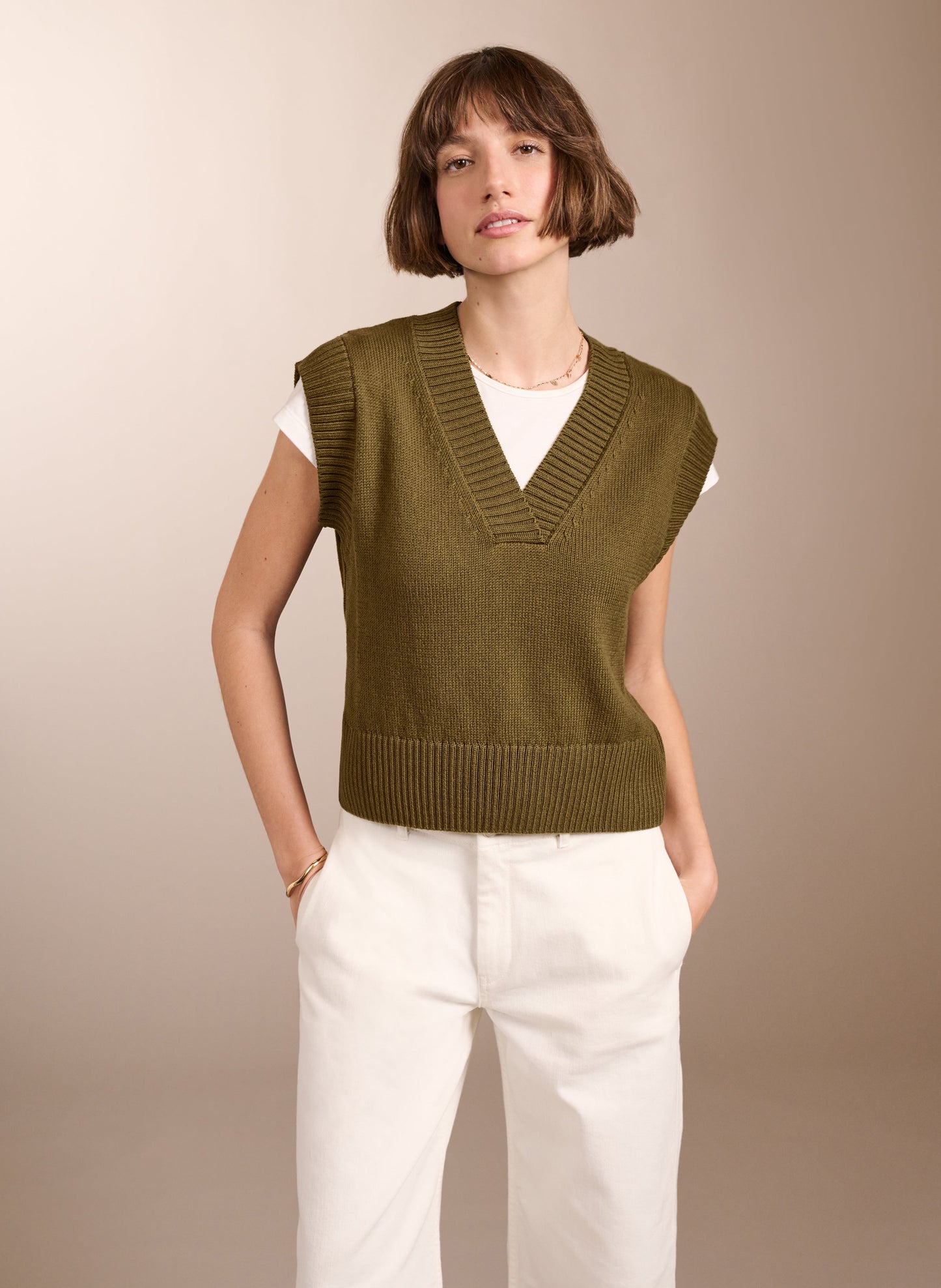 Khaki v neck knitted tank top by Baukjen.