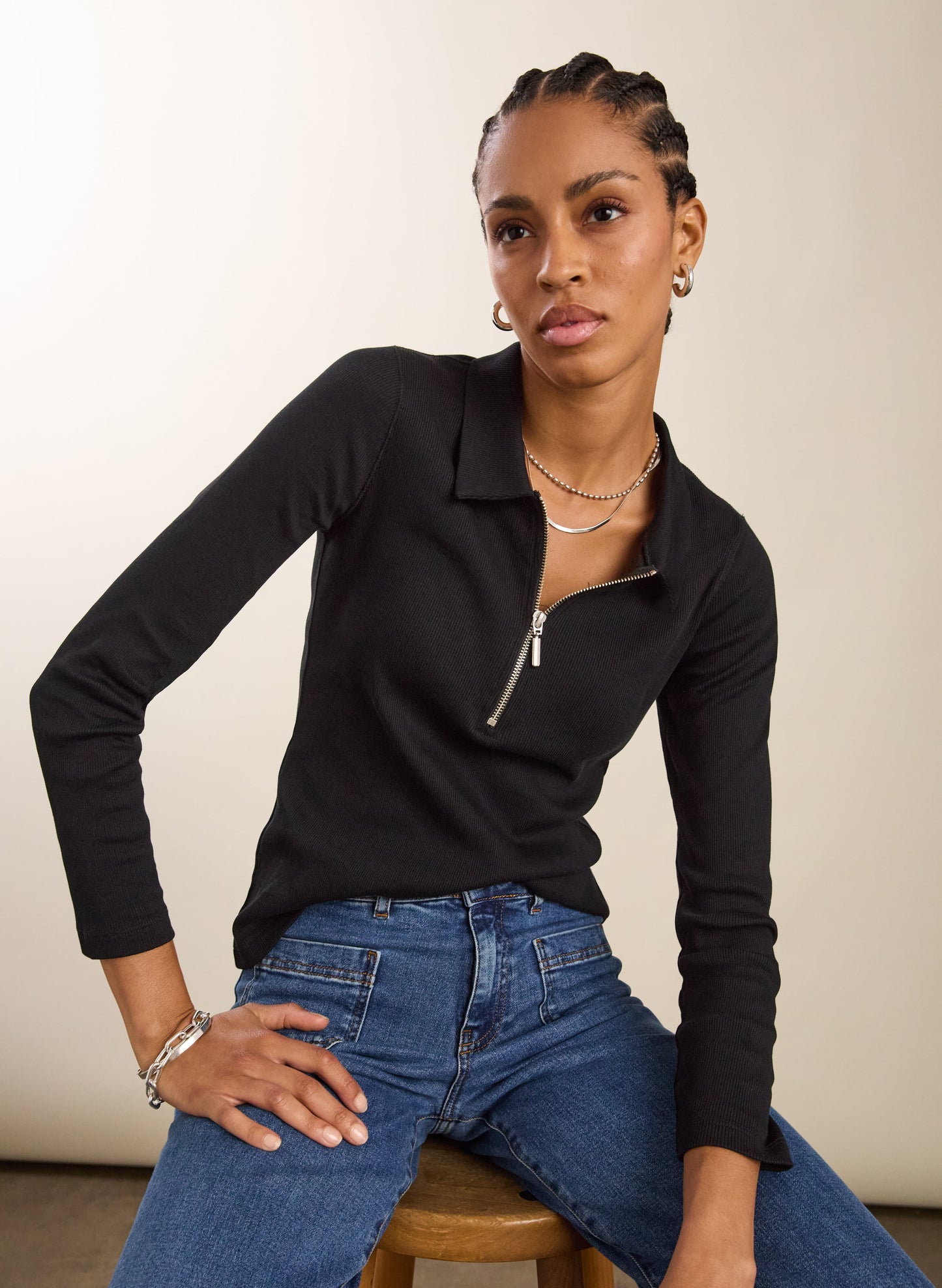 Organic Cotton Zip Collar Top / Caviar Black