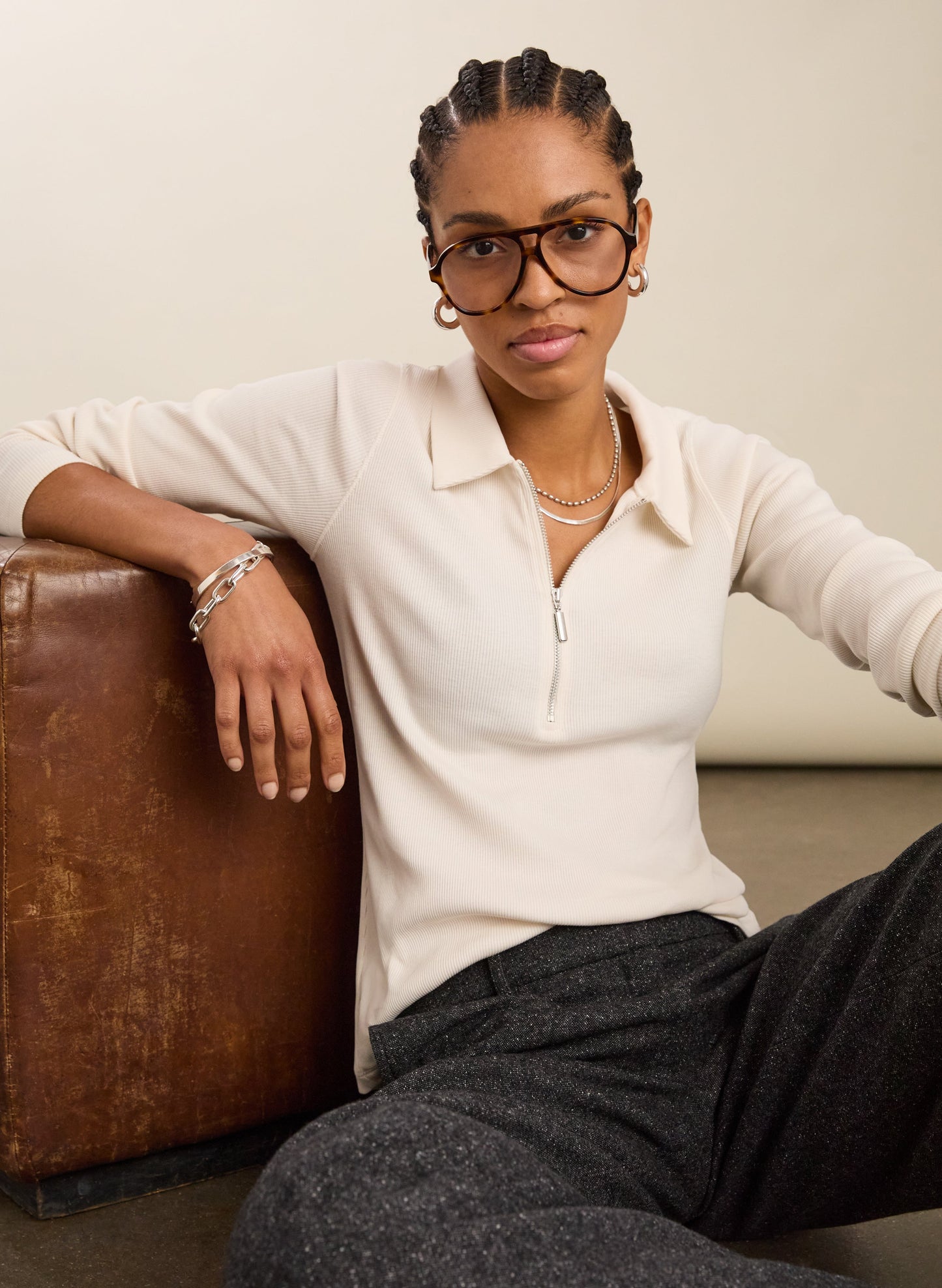 Organic Cotton Zip Collar Top / Antique White