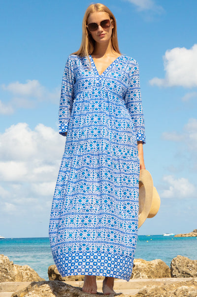 Mykonos Maxi Dress - Organic Cotton, White/Blue