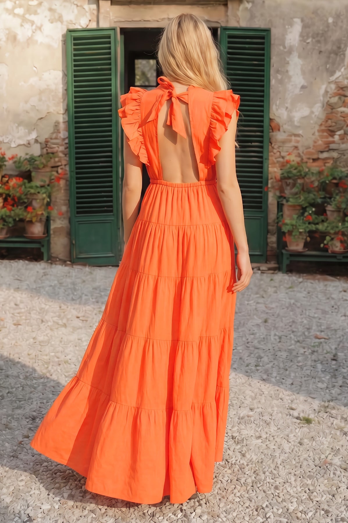 Rose Frill Plain Maxi Dress - Orange