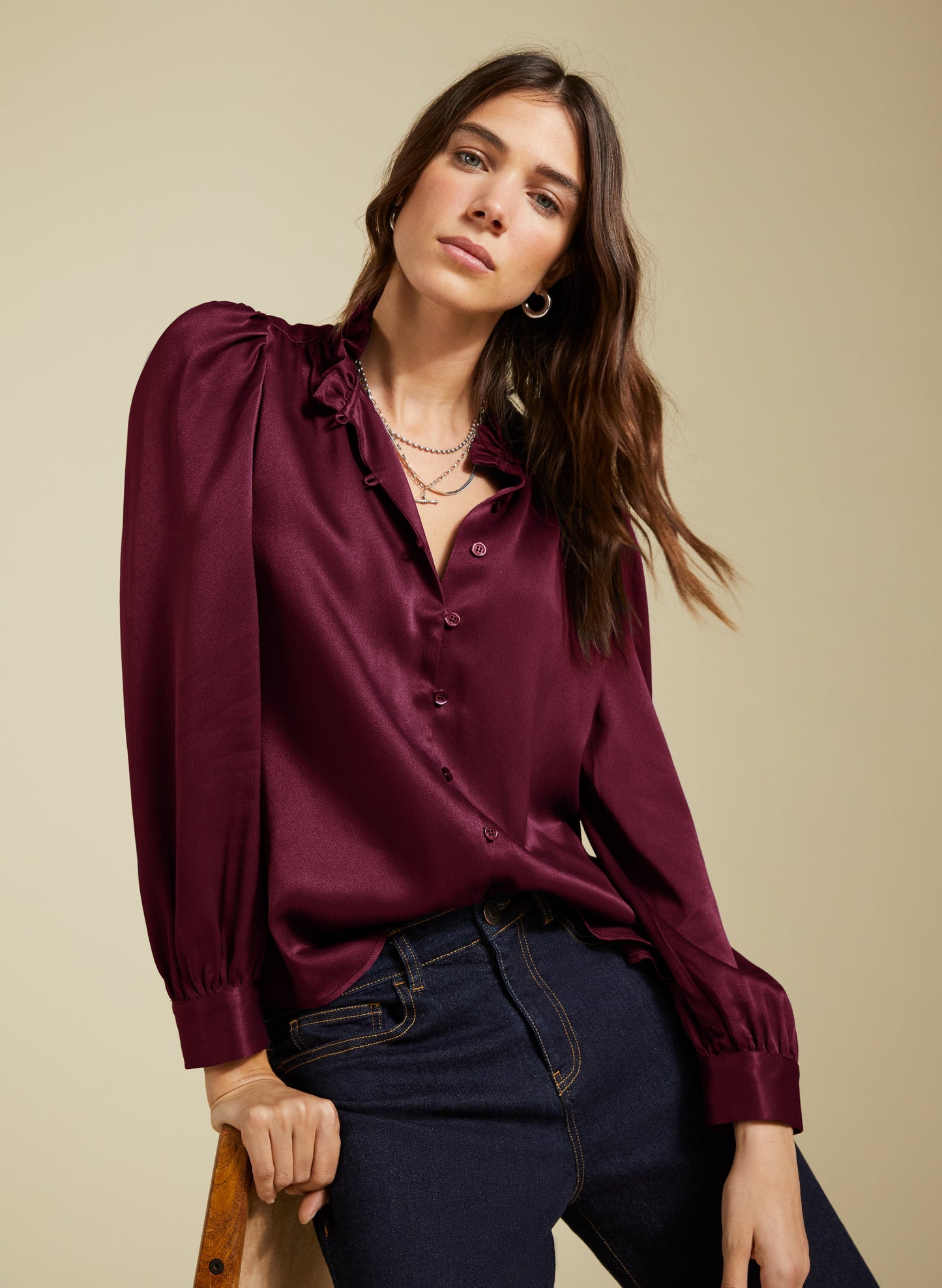 Evelyn Satin Frill Neck Blouse Burgundy