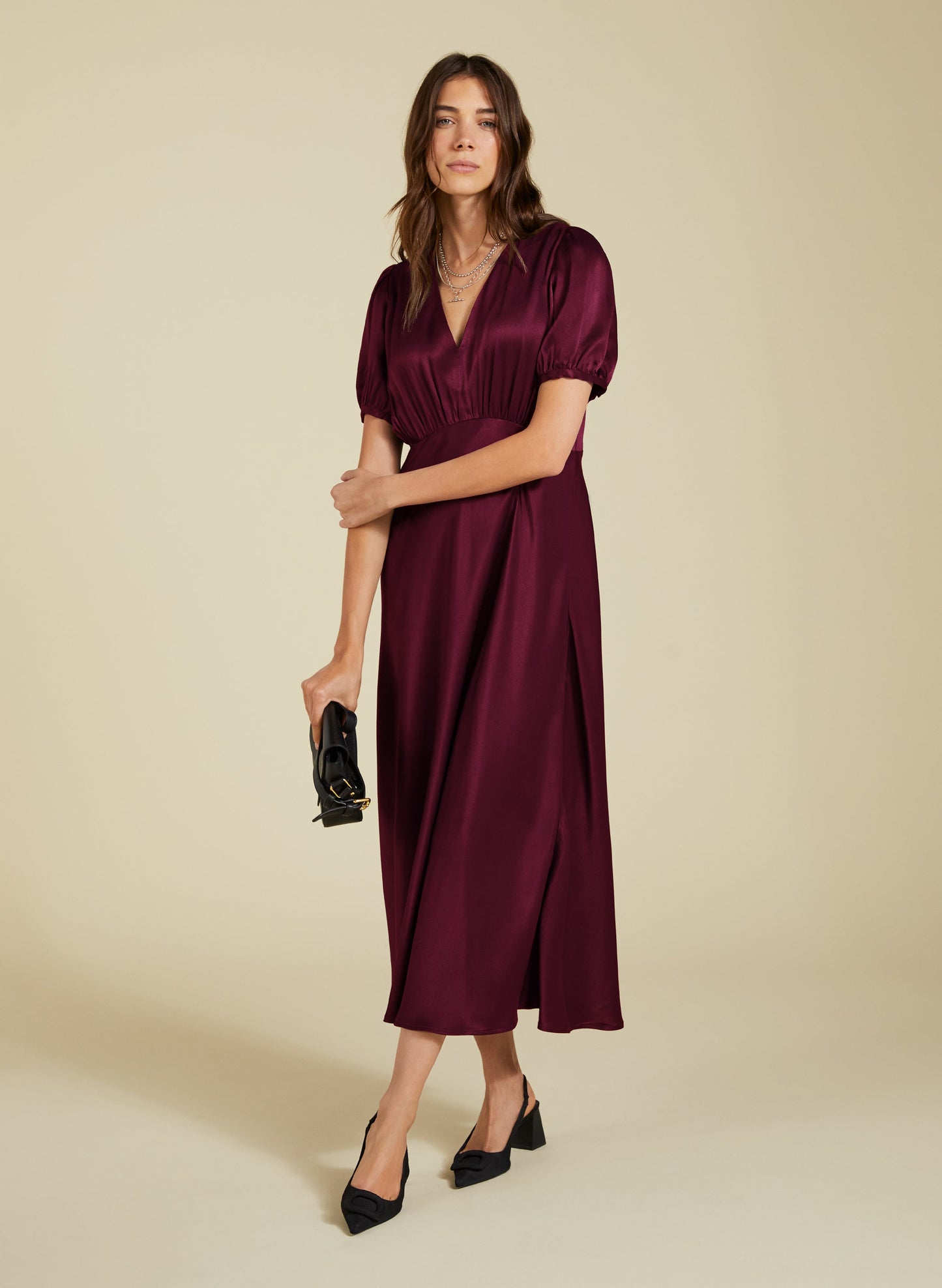 Cathy Satin V-Neck Midi Dress / Burgundy