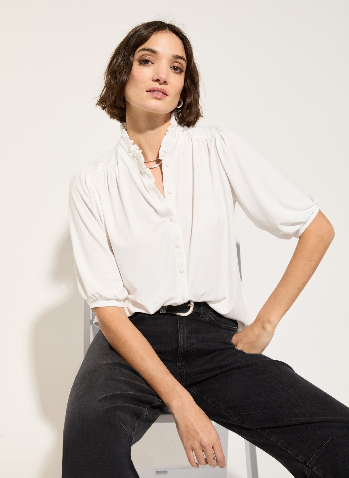 Janey Short Sleeve Blouse / Pure White