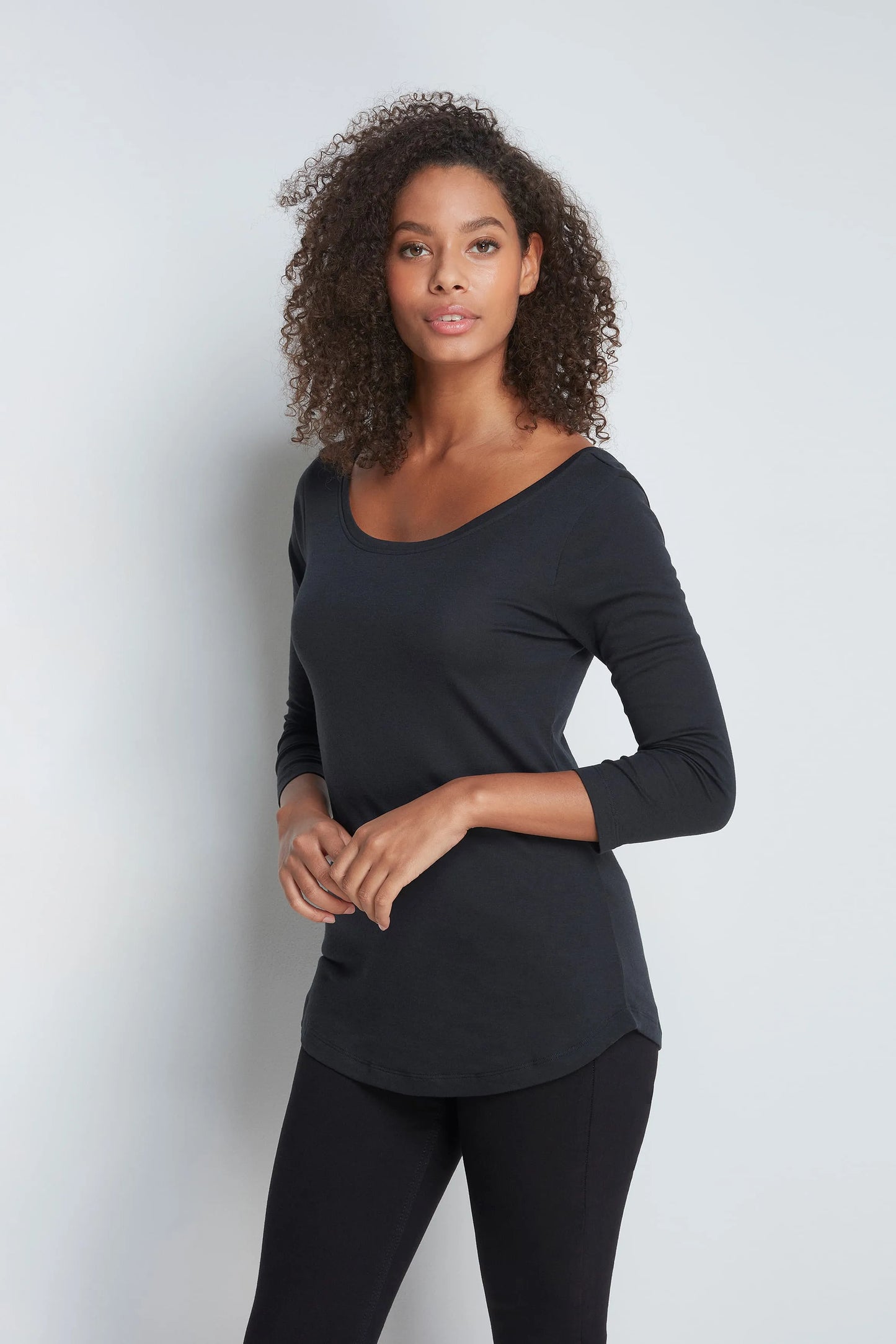 3/4 Sleeve Boat Neck Cotton Modal Blend T-Shirt Black