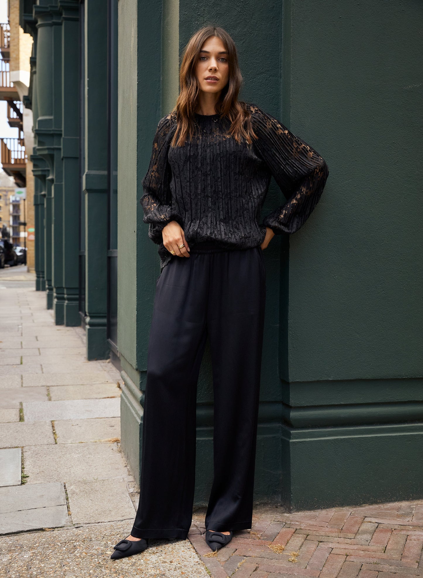 Megan Satin Palazzo Trousers / Caviar Black