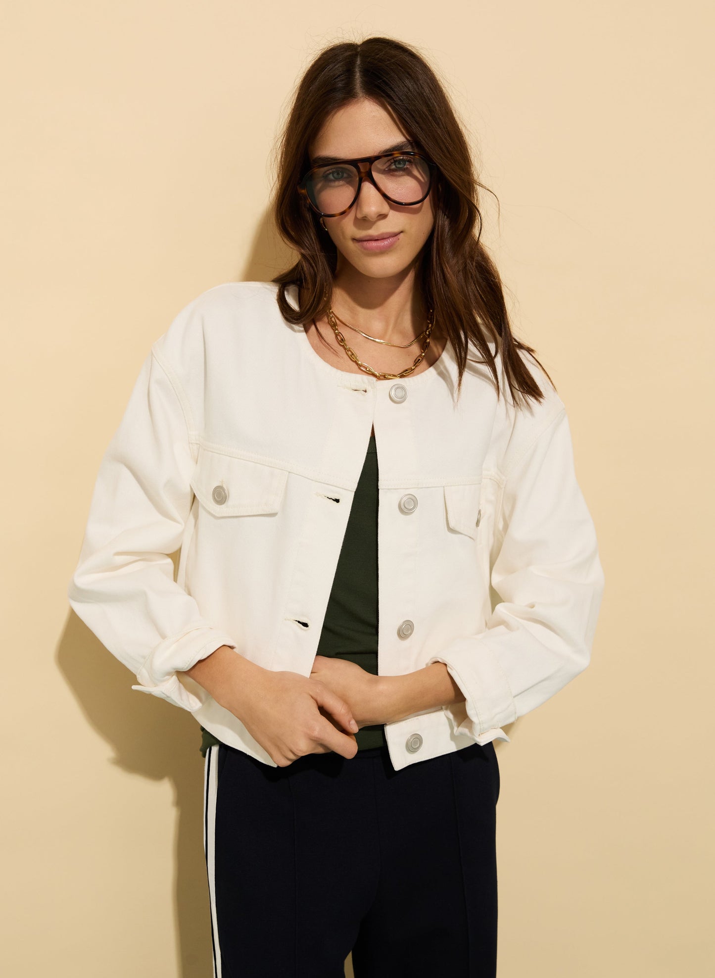 Nova Organic Cotton Collarless Denim Jacket / Soft White