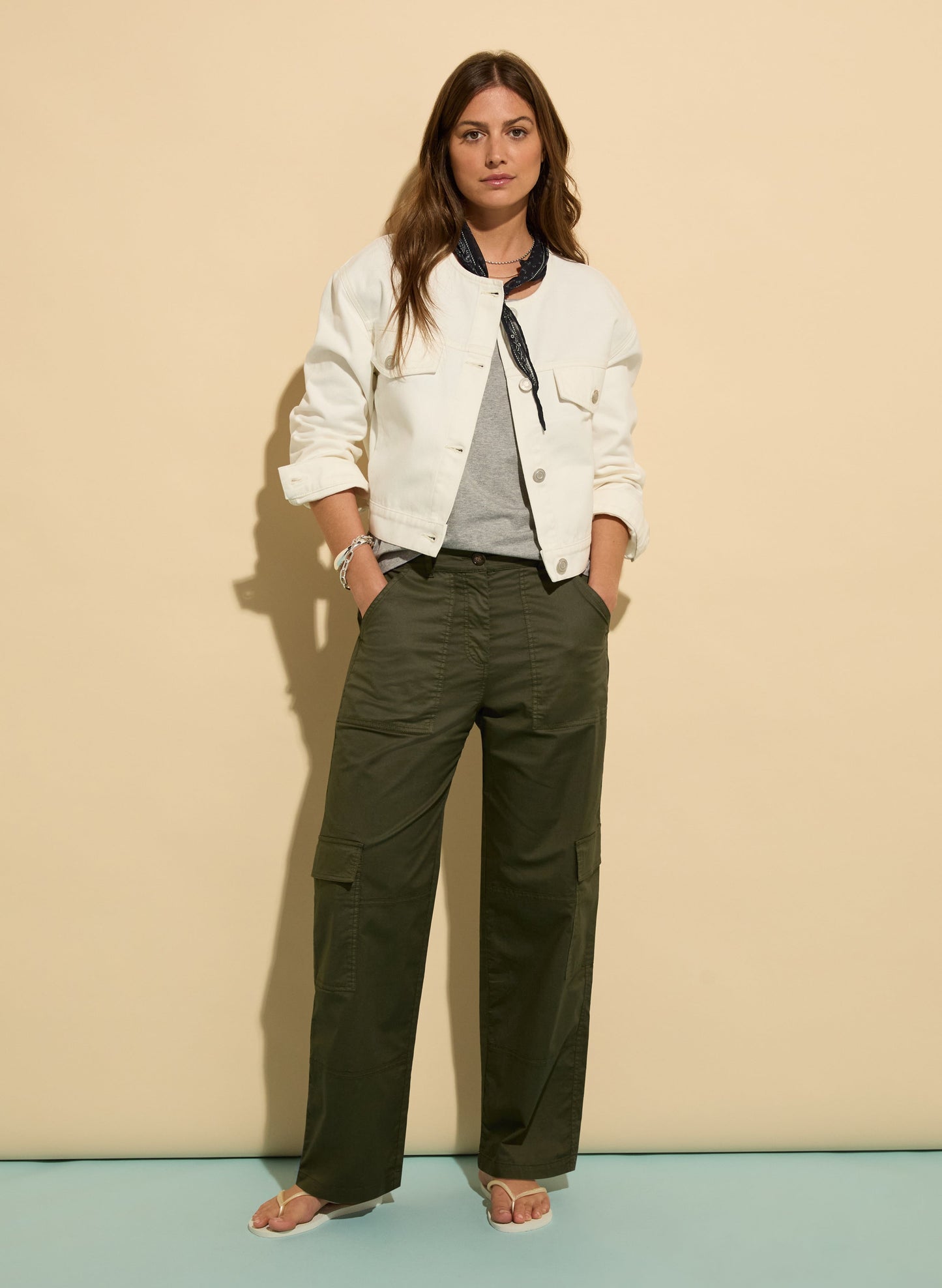 Zenya Organic Cotton Wide Leg Cargo Trousers / Dark Olive