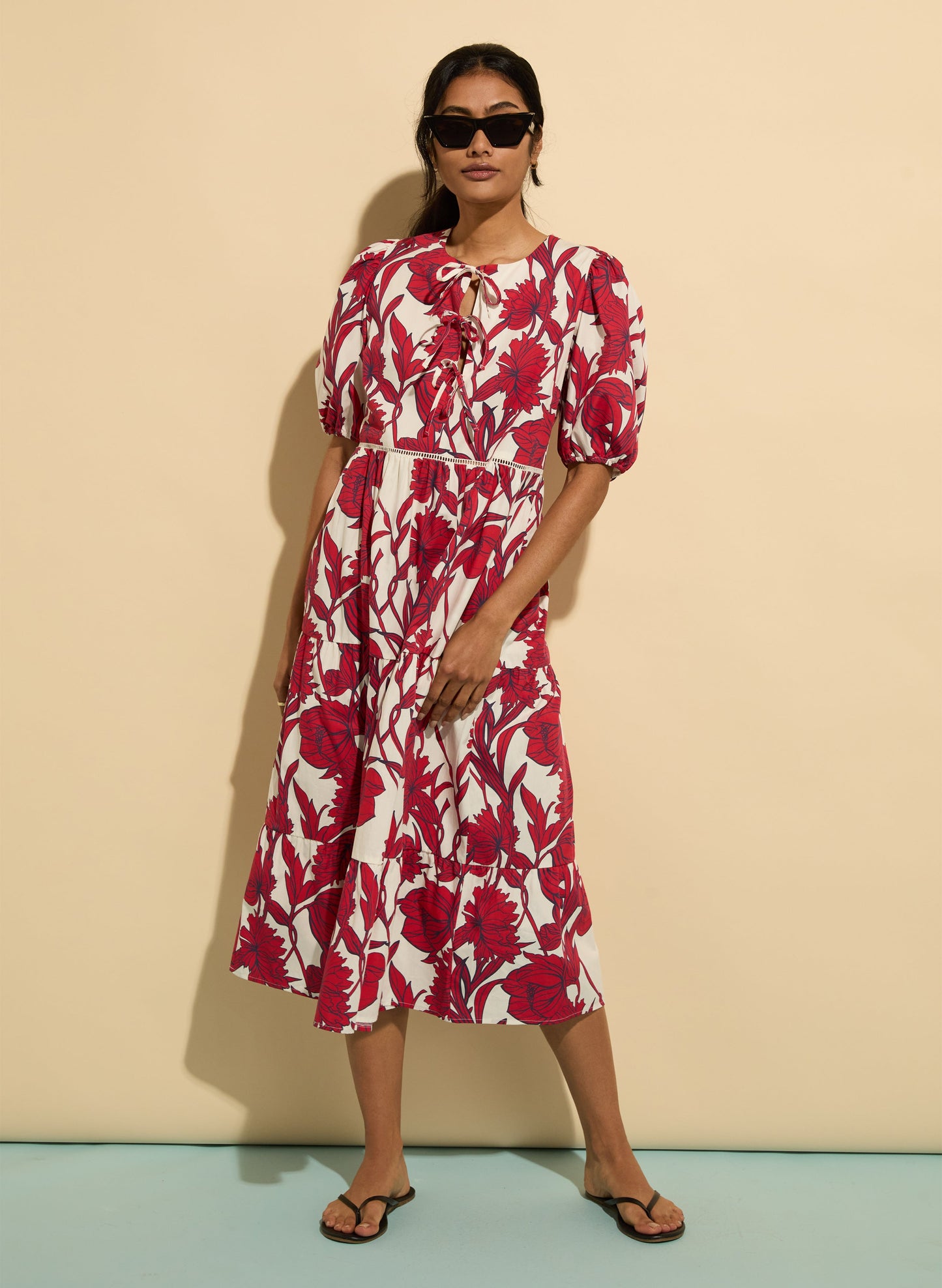 Amelie Organic Cotton Tie Midi Dress Crimson Dahlia