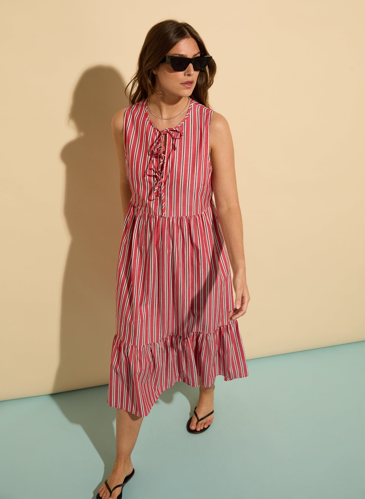 Devi Organic Cotton Tie Midi Dress Crimson, Garnet & White Stripe