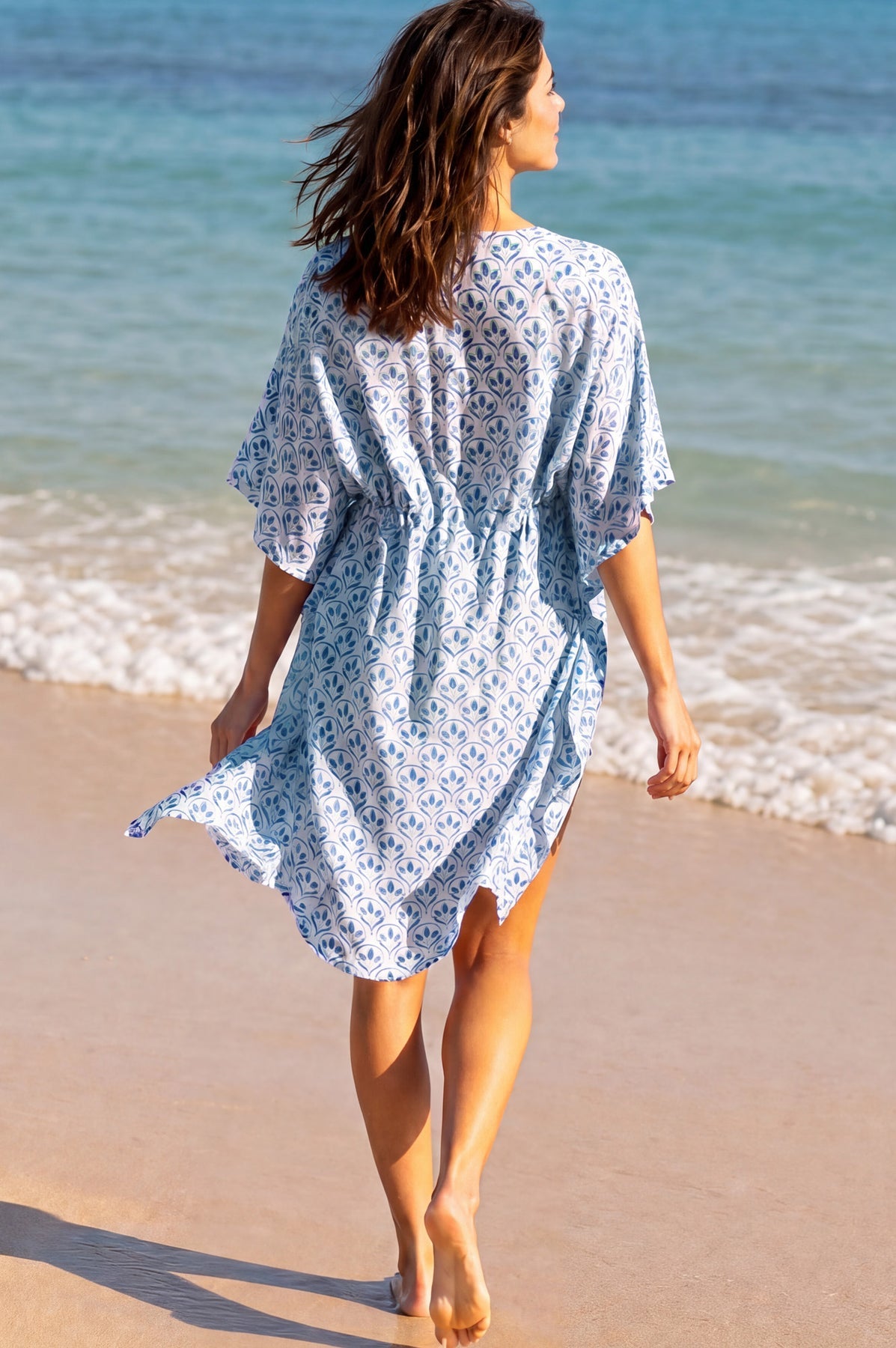 Manilla Organic Cotton Kaftan - White/Blue/Turquoise