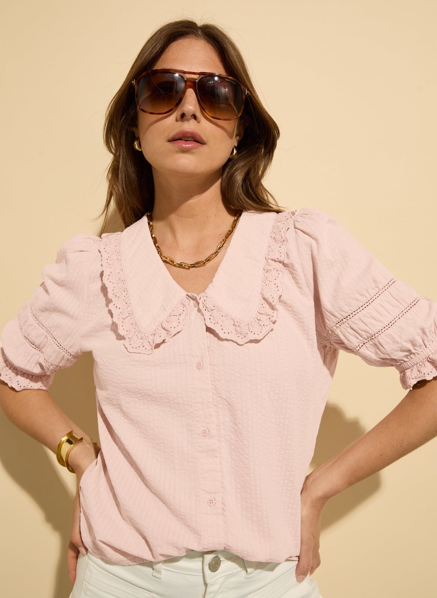 Marti Organic Cotton Broderie Detail Blouse / Powder Pink