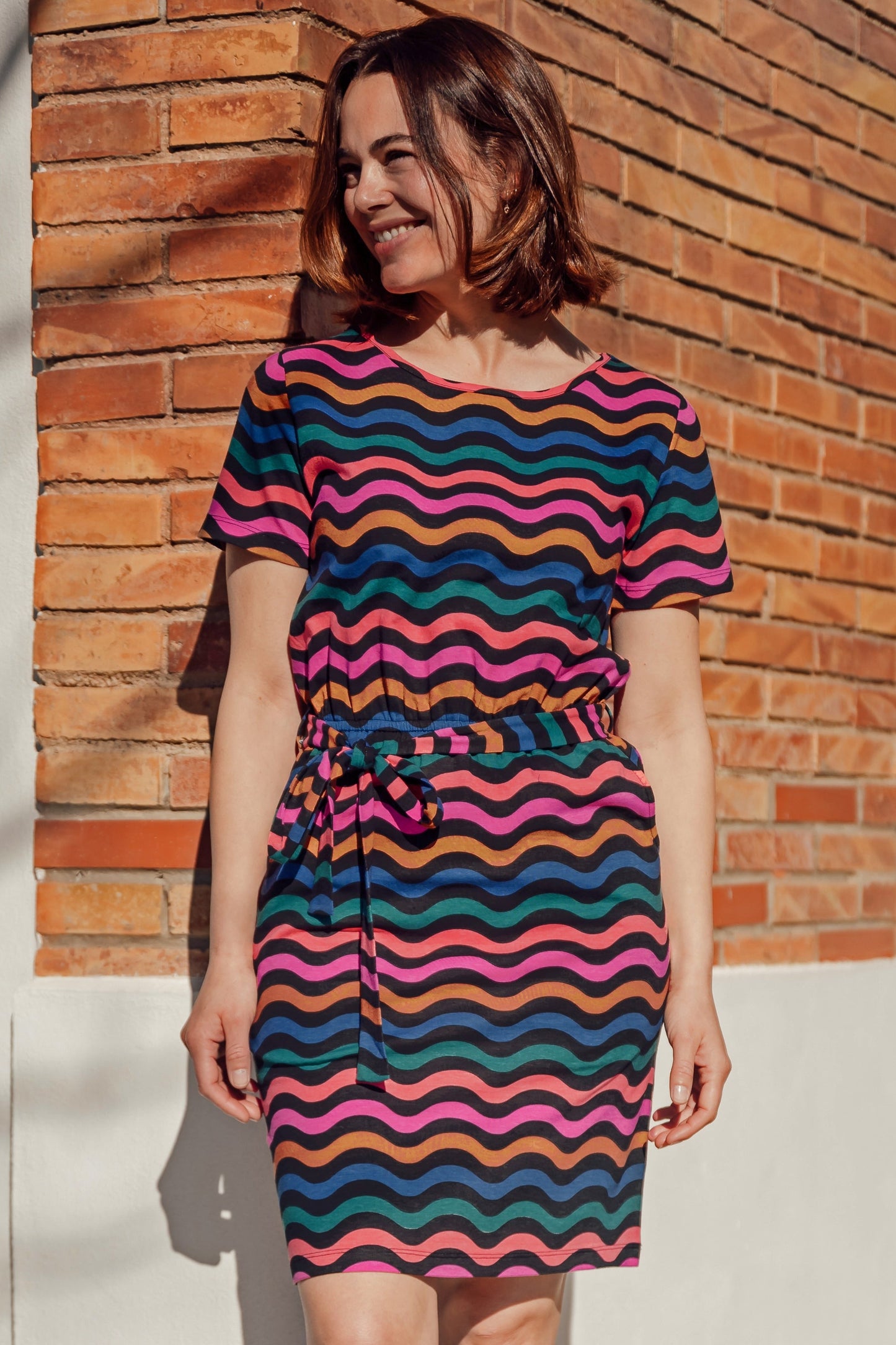 Terri Jersey Mini Dress - Black/Multi, Wavy Chevron