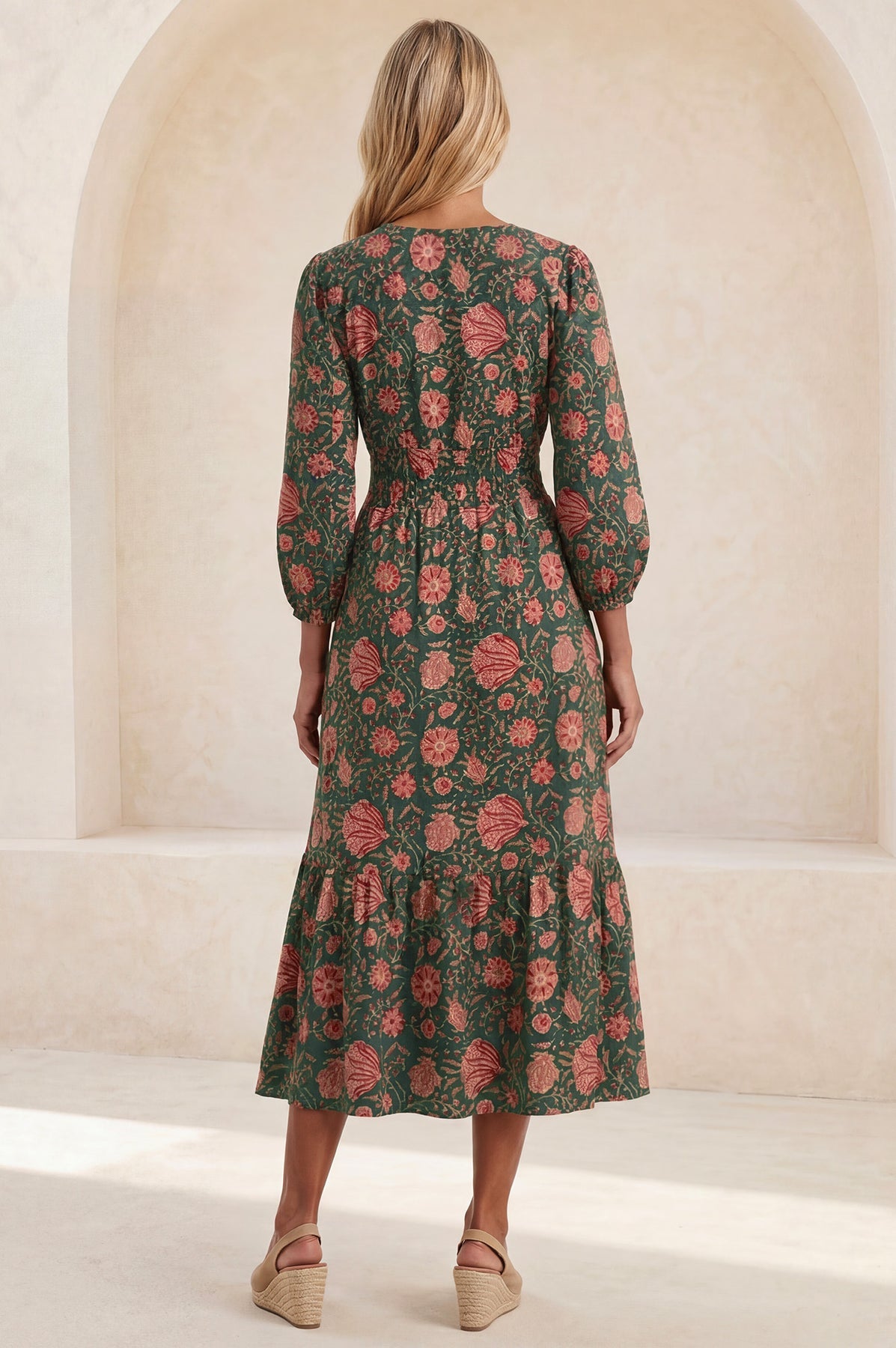 Jyoti Cotton Midi Dress - Khaki/Orange