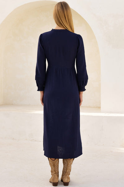 Pin Tuck Organic Cotton Cheesecloth Shirt Dress - Navy